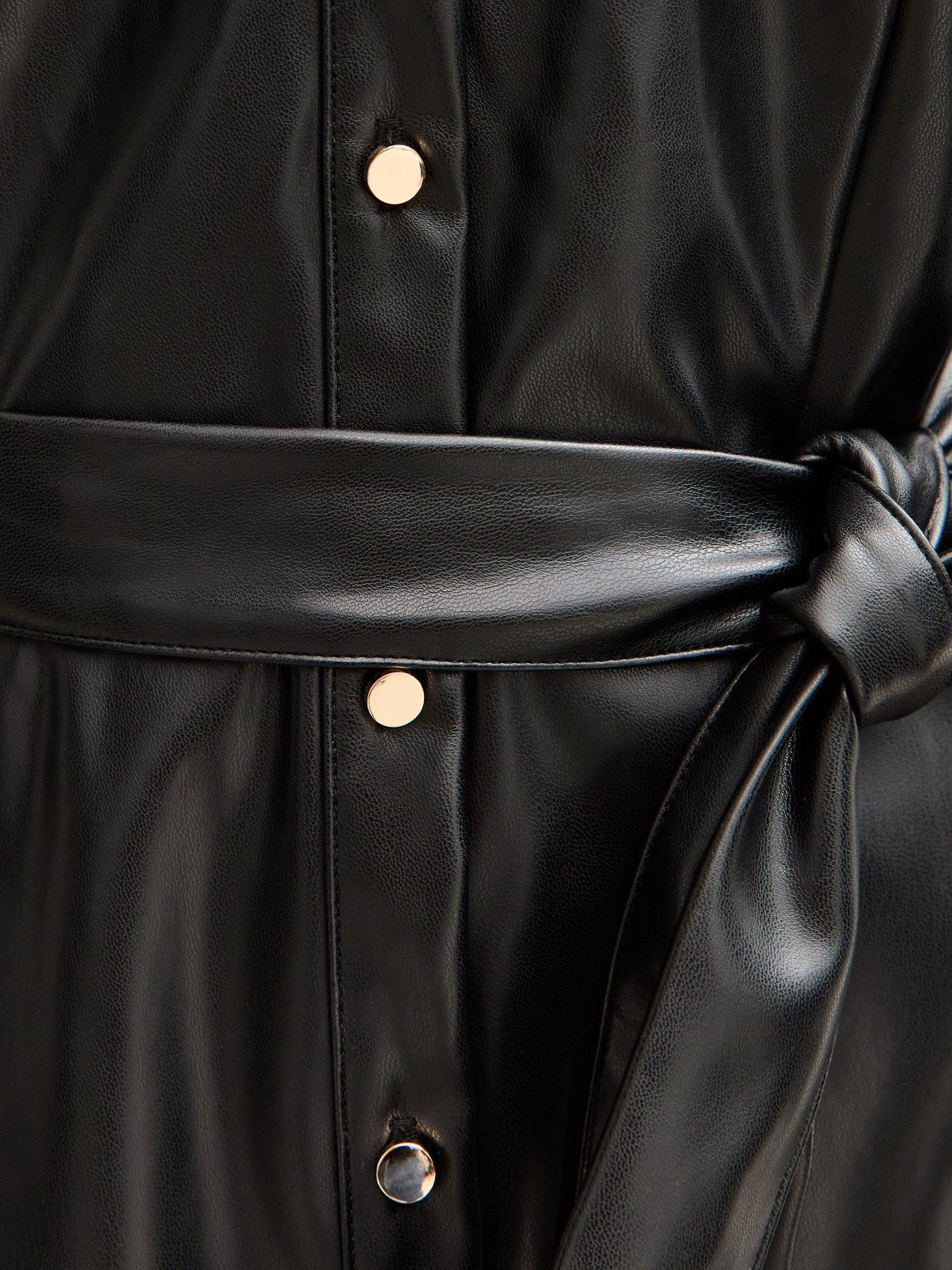 Image 4 of 4 of New Look Black Faux Leather Button Up Mini Shirt Dress
