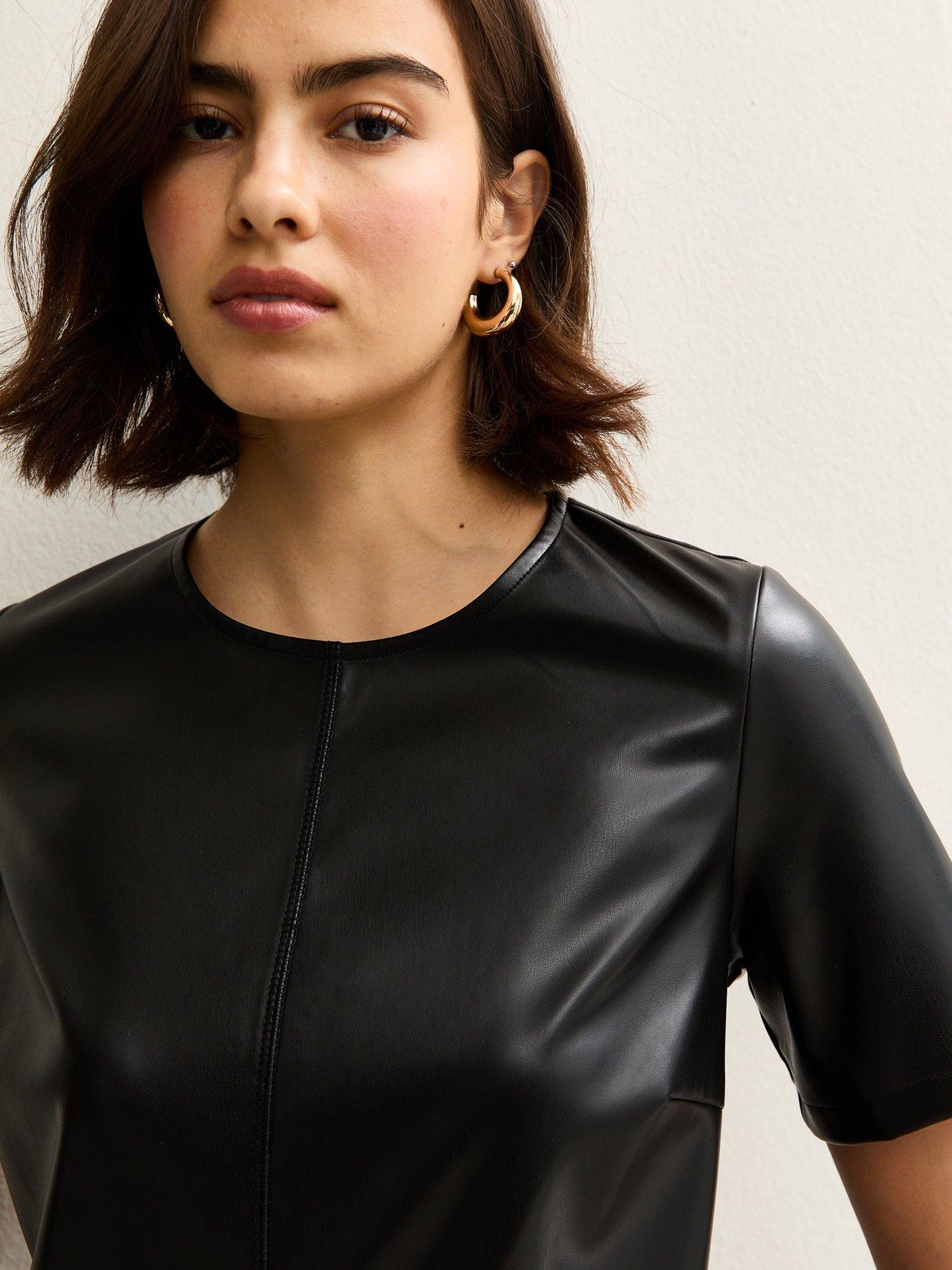 Image 4 of 4 of New Look Black Faux Leather T-shirt Mini Dress