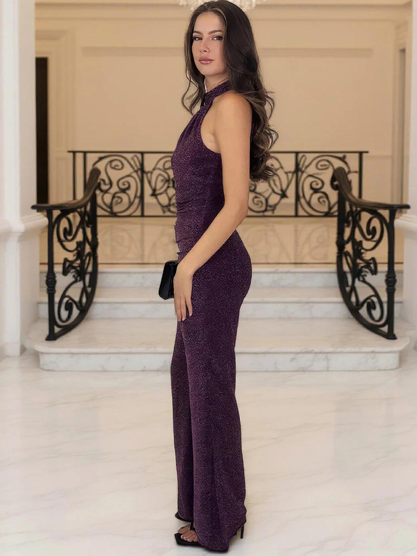  image of ax-paris-sparkle-halter-neck-draped-waist-jumpsuit-purple