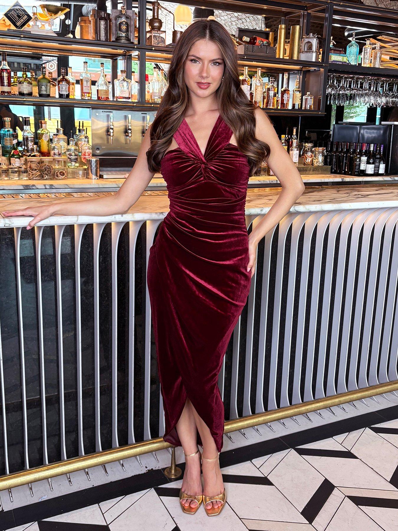 AX Paris Velvet Knot Detail Wrap Skirt Midi Dress - Red