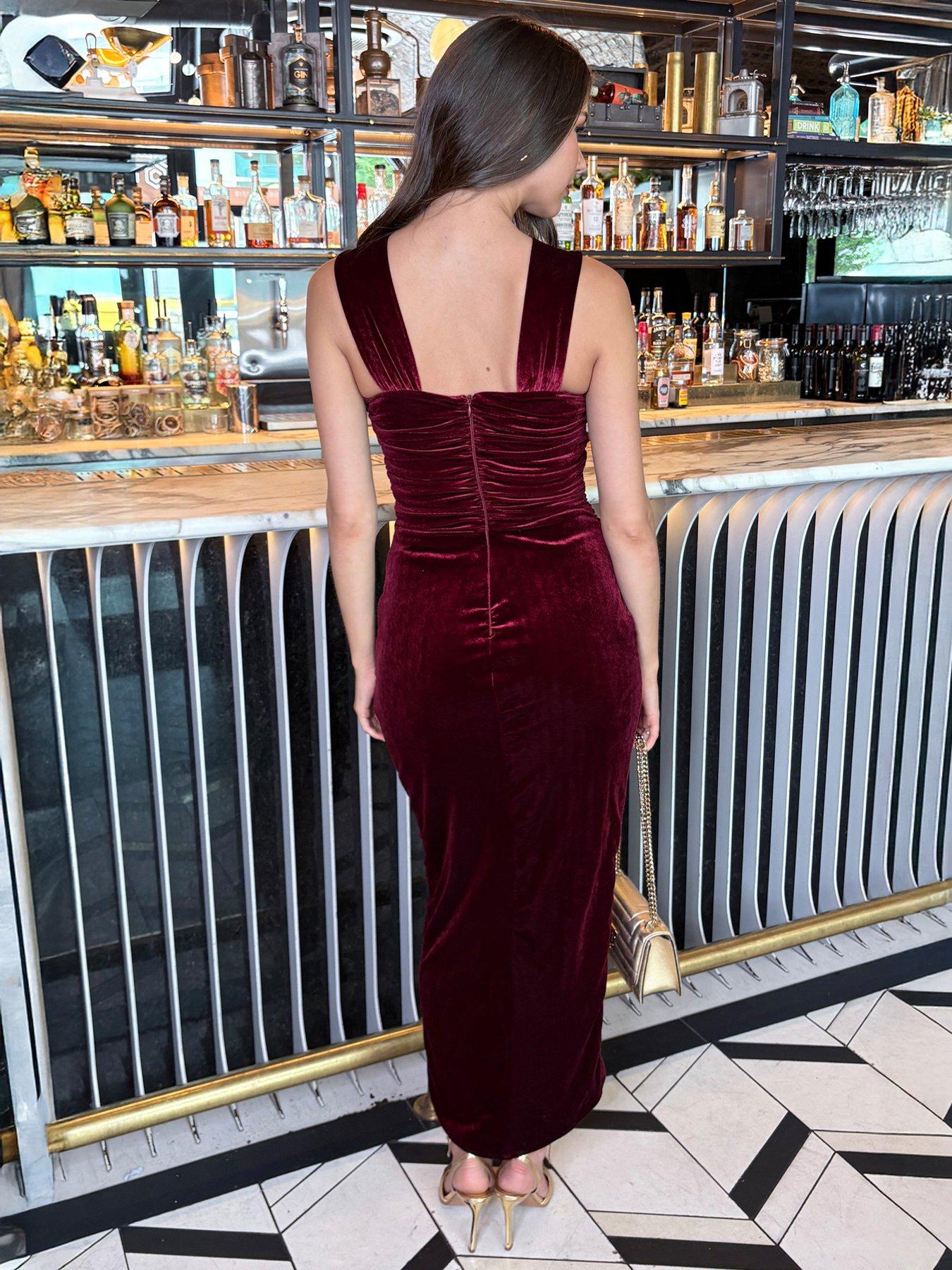 Image 2 of 4 of AX Paris Velvet Knot Detail Wrap Skirt Midi Dress - Wine