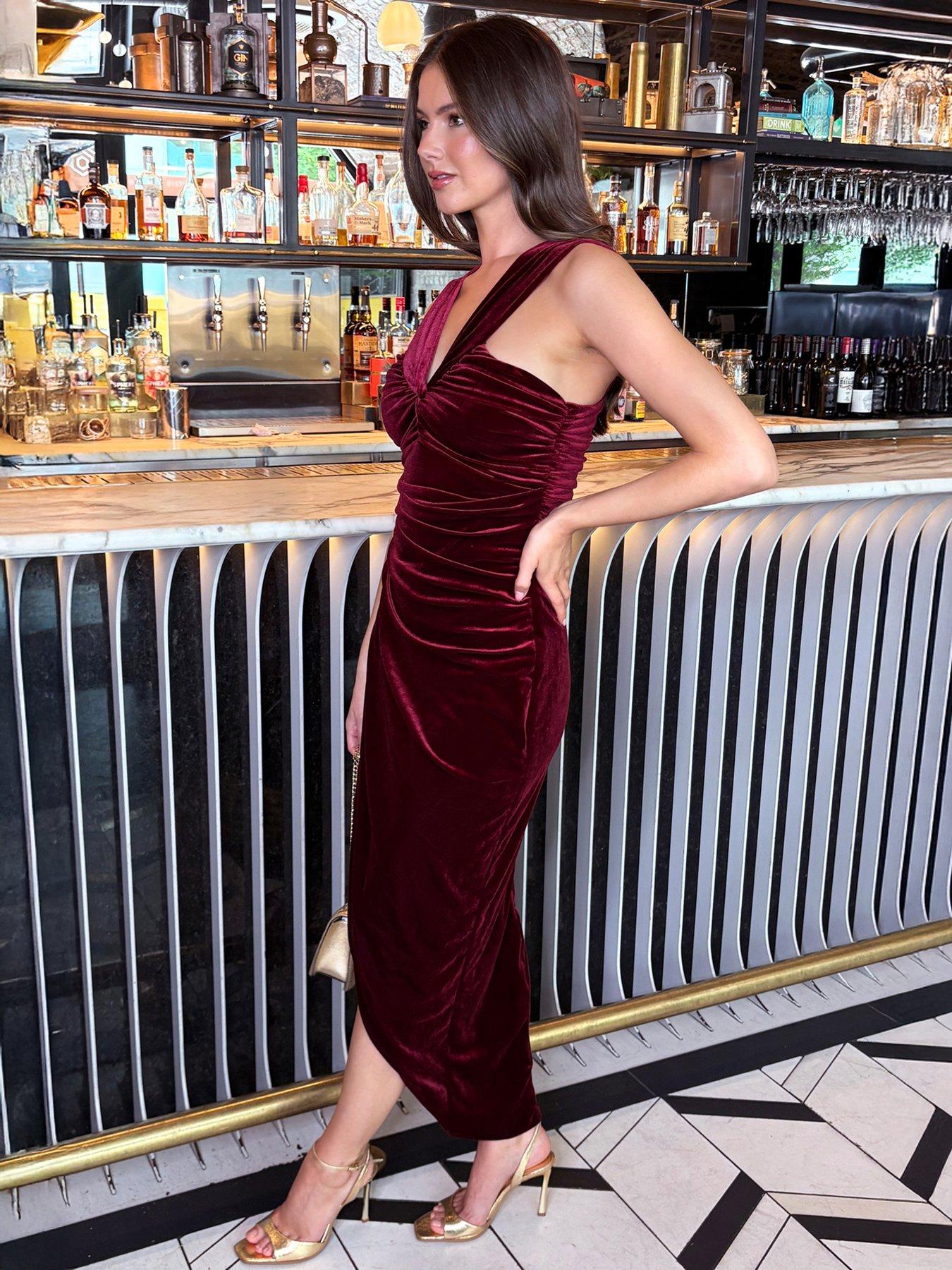 Image 3 of 4 of AX Paris Velvet Knot Detail Wrap Skirt Midi Dress - Wine