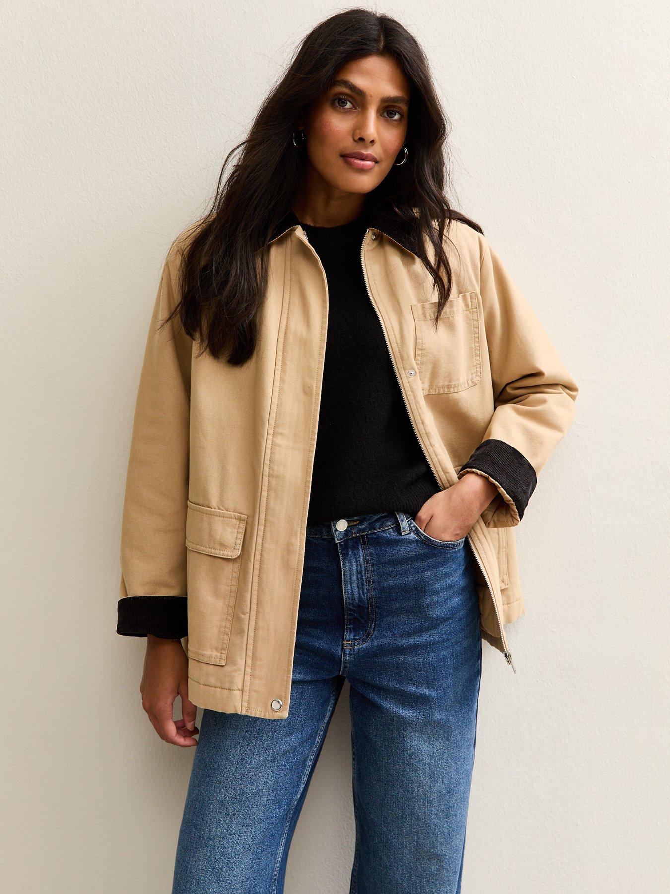New Look Stone Contrast Collar Midi Barn Jacket
