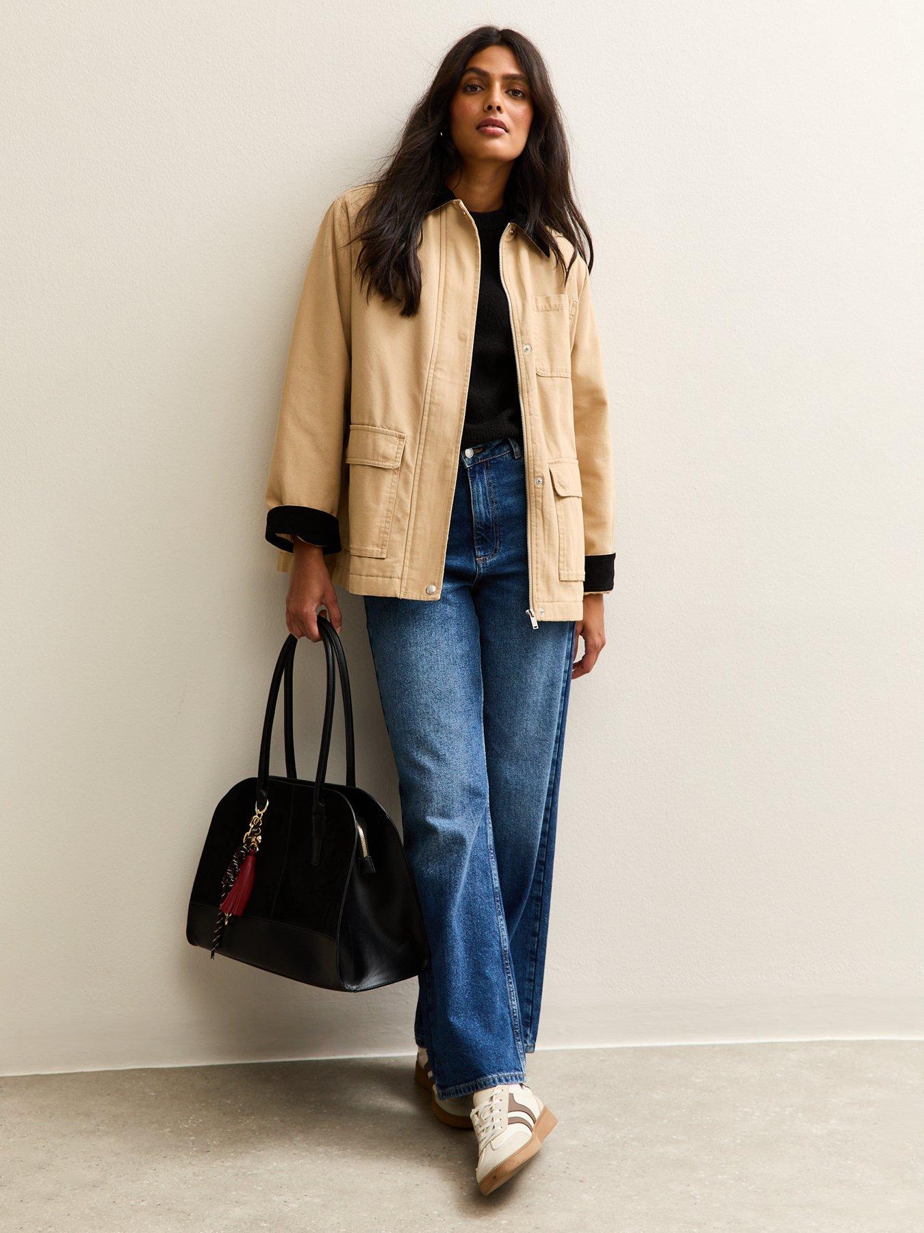 Image 3 of 6 of New Look Stone Contrast Collar Midi Barn Jacket