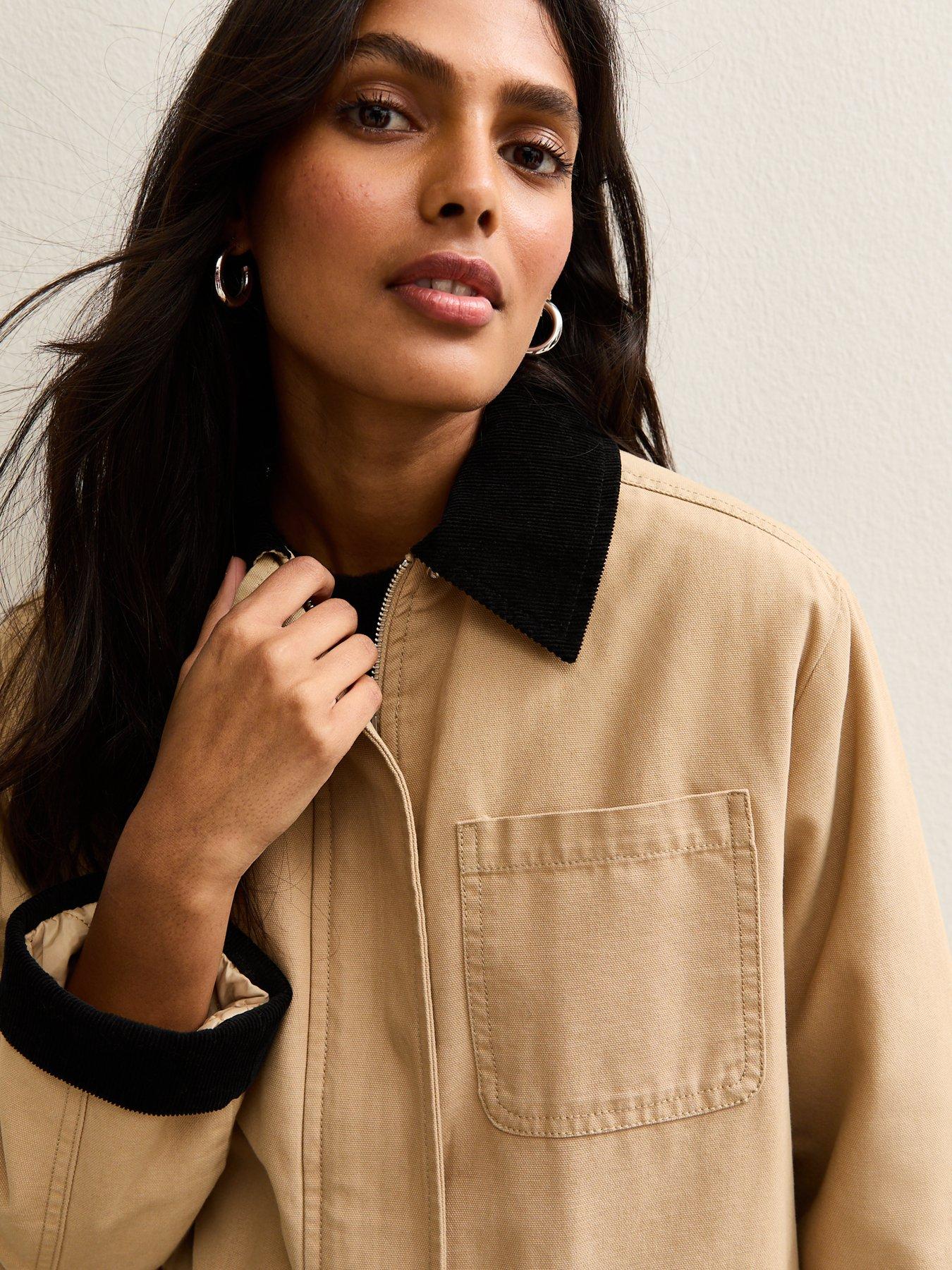 Image 4 of 6 of New Look Stone Contrast Collar Midi Barn Jacket