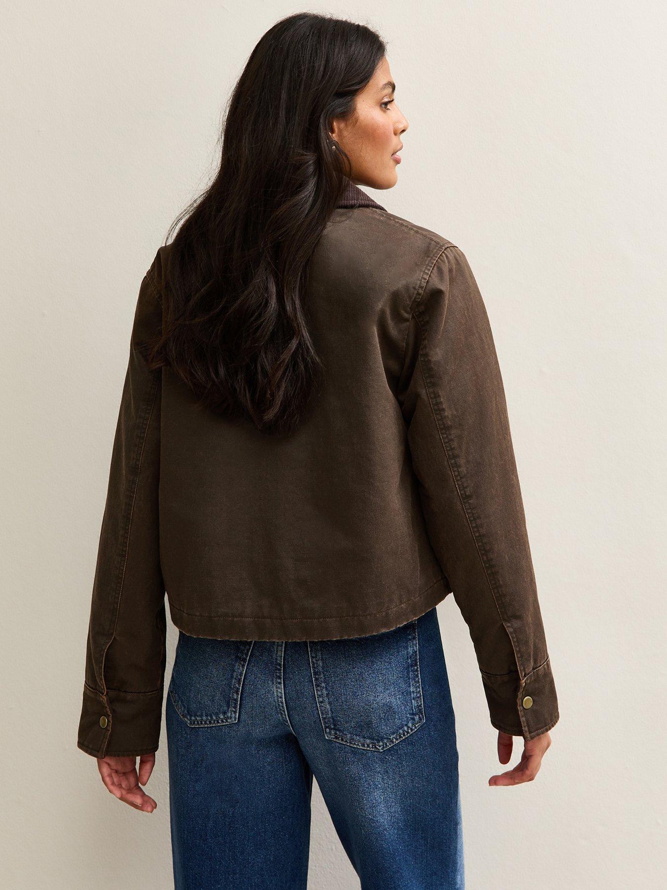  image of new-look-cropped-waxed-barn-jacket-brown