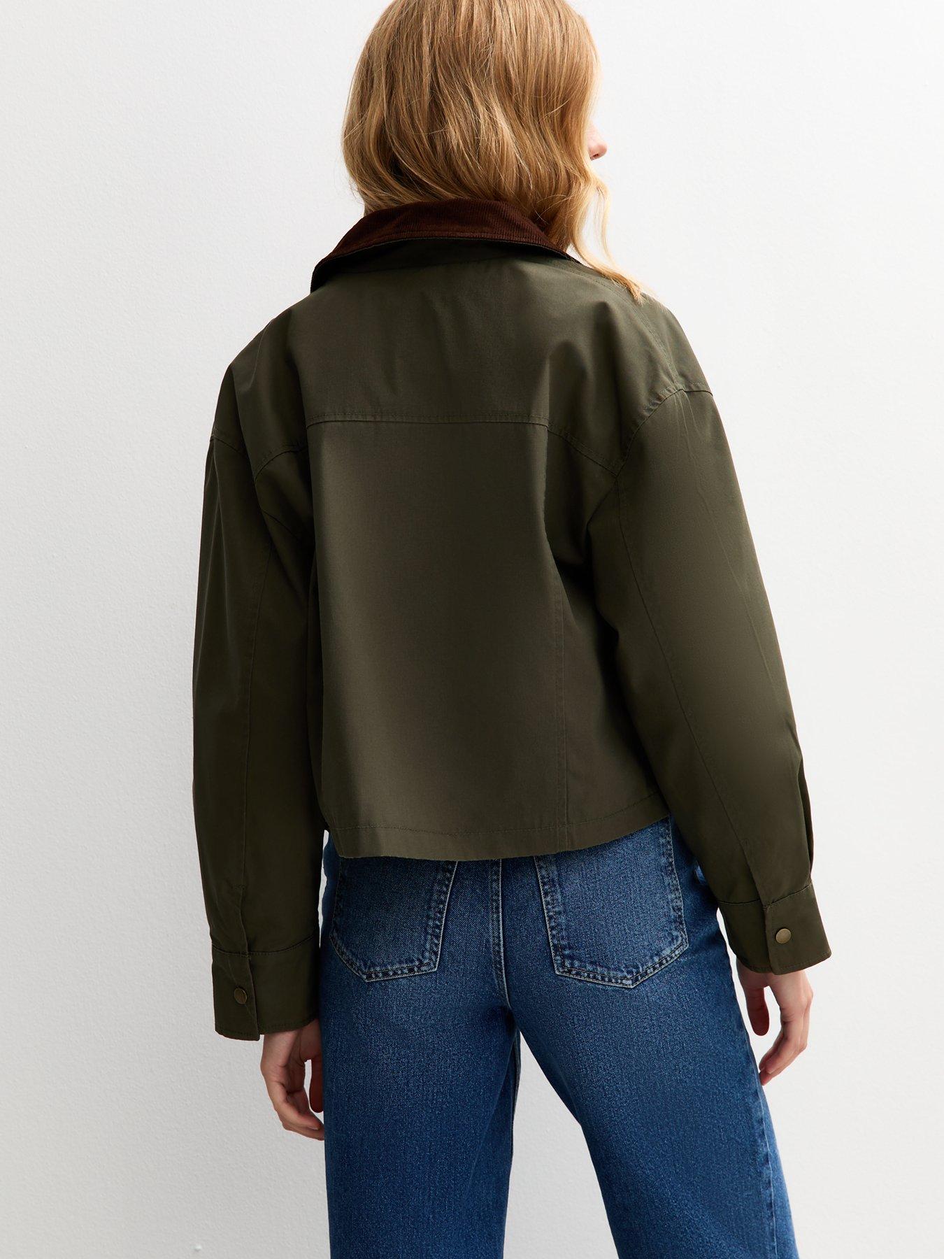 Image 2 of 4 of New Look Khaki Contrast Collar Cropped Barn Jacket - Green