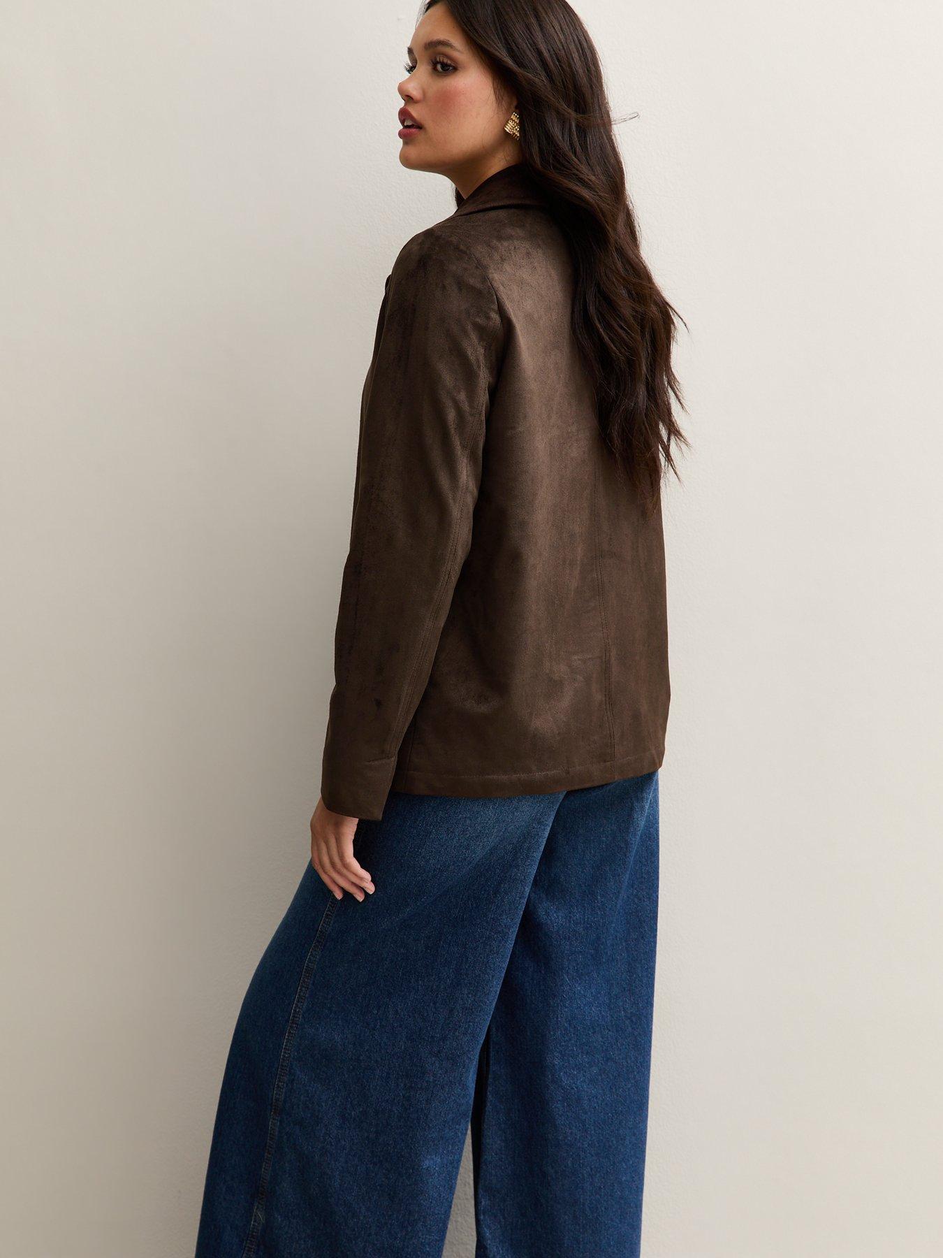 Image 2 of 4 of New Look Faux Suede Button Through Jacket - Dark Brown