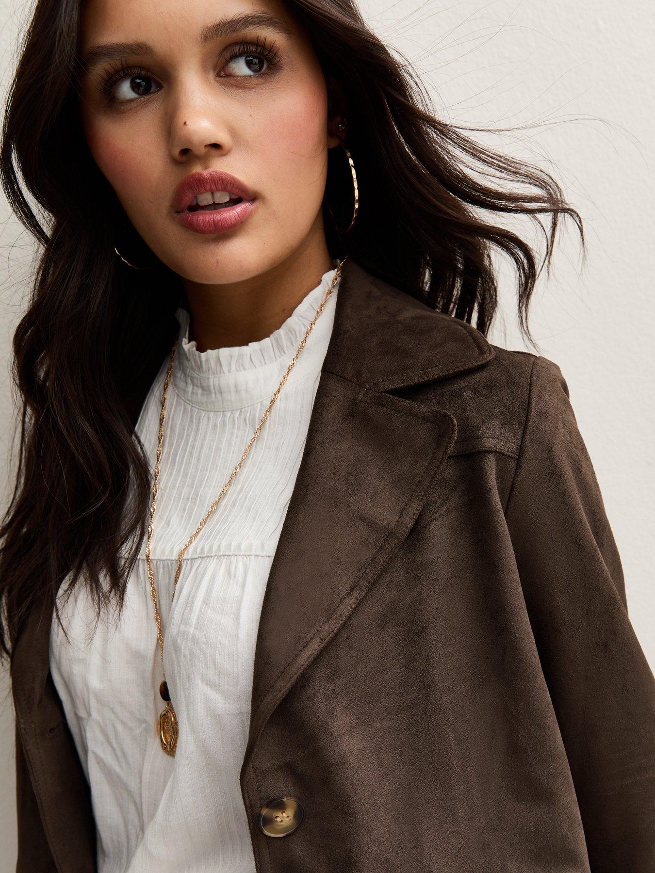 Image 4 of 4 of New Look Faux Suede Button Through Jacket - Dark Brown