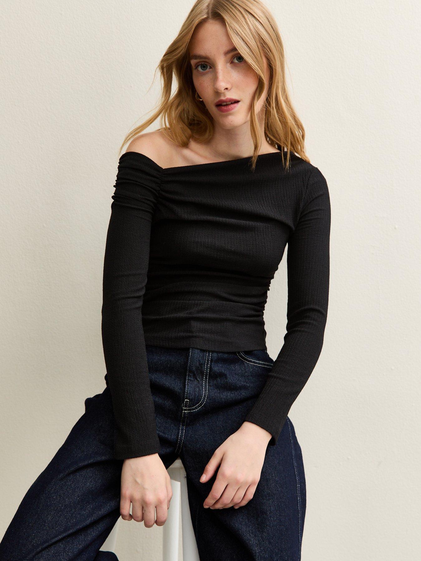 New Look Asymmetric Ruched Waist Long Sleeve Top - Black