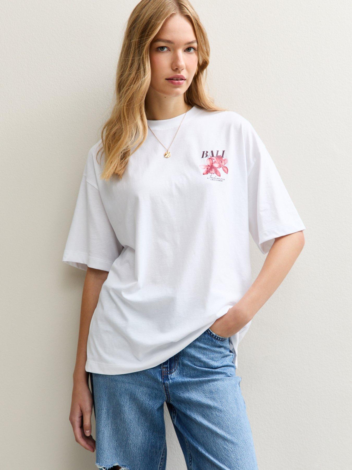 New Look White Bali Flower Print Oversized T-shirt