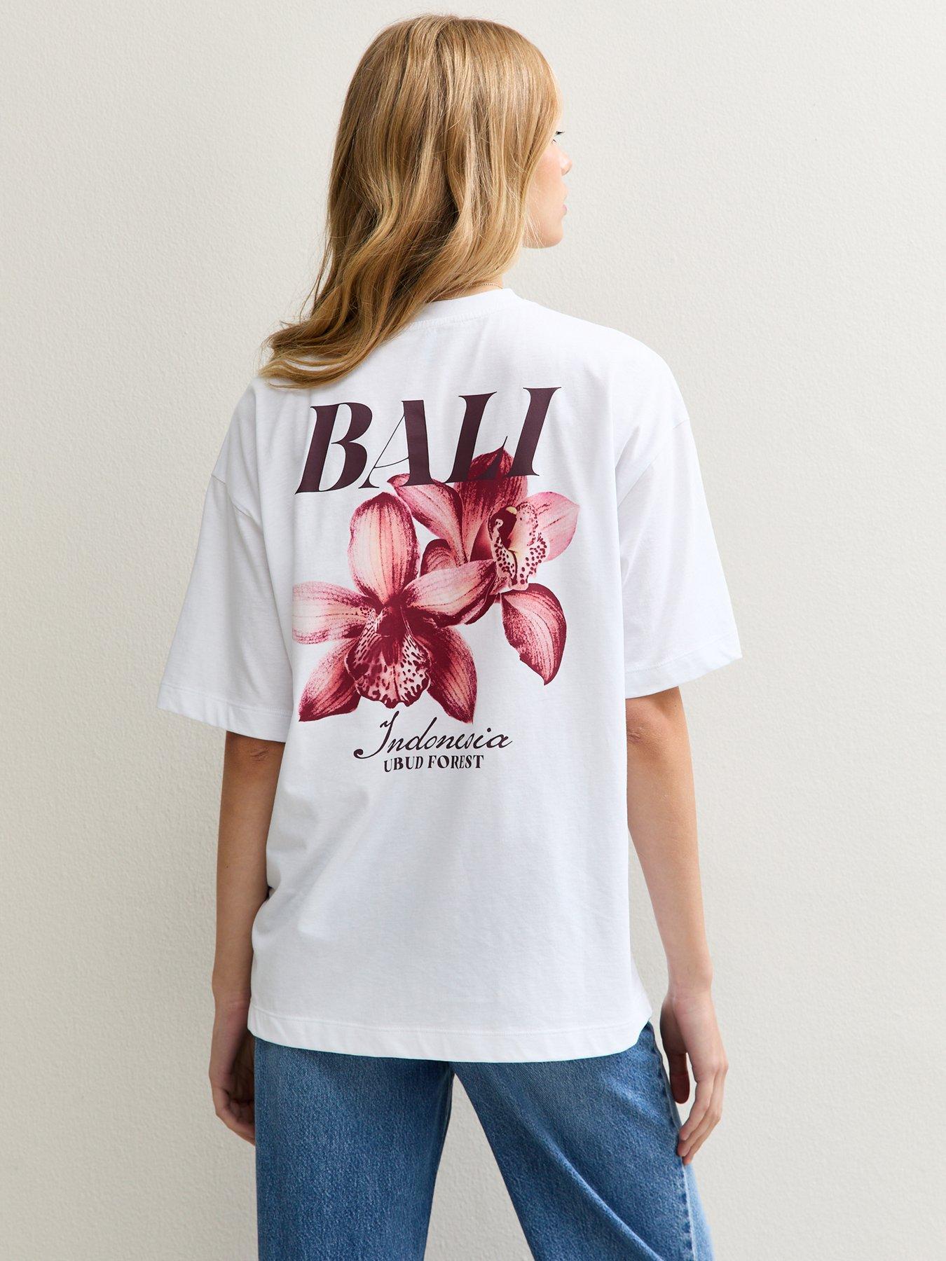 Image 2 of 4 of New Look White Bali Flower Print Oversized T-shirt