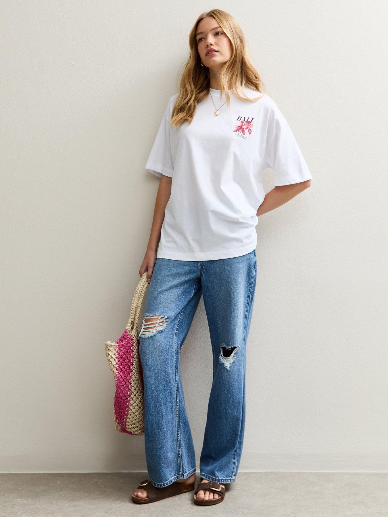 Image 3 of 4 of New Look White Bali Flower Print Oversized T-shirt