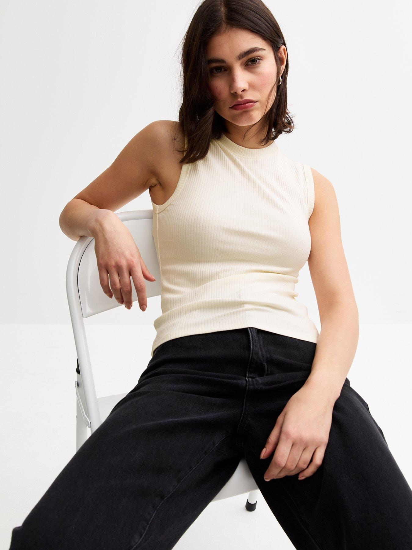 undefined Ribbed High Neck Tank Top - Cream
