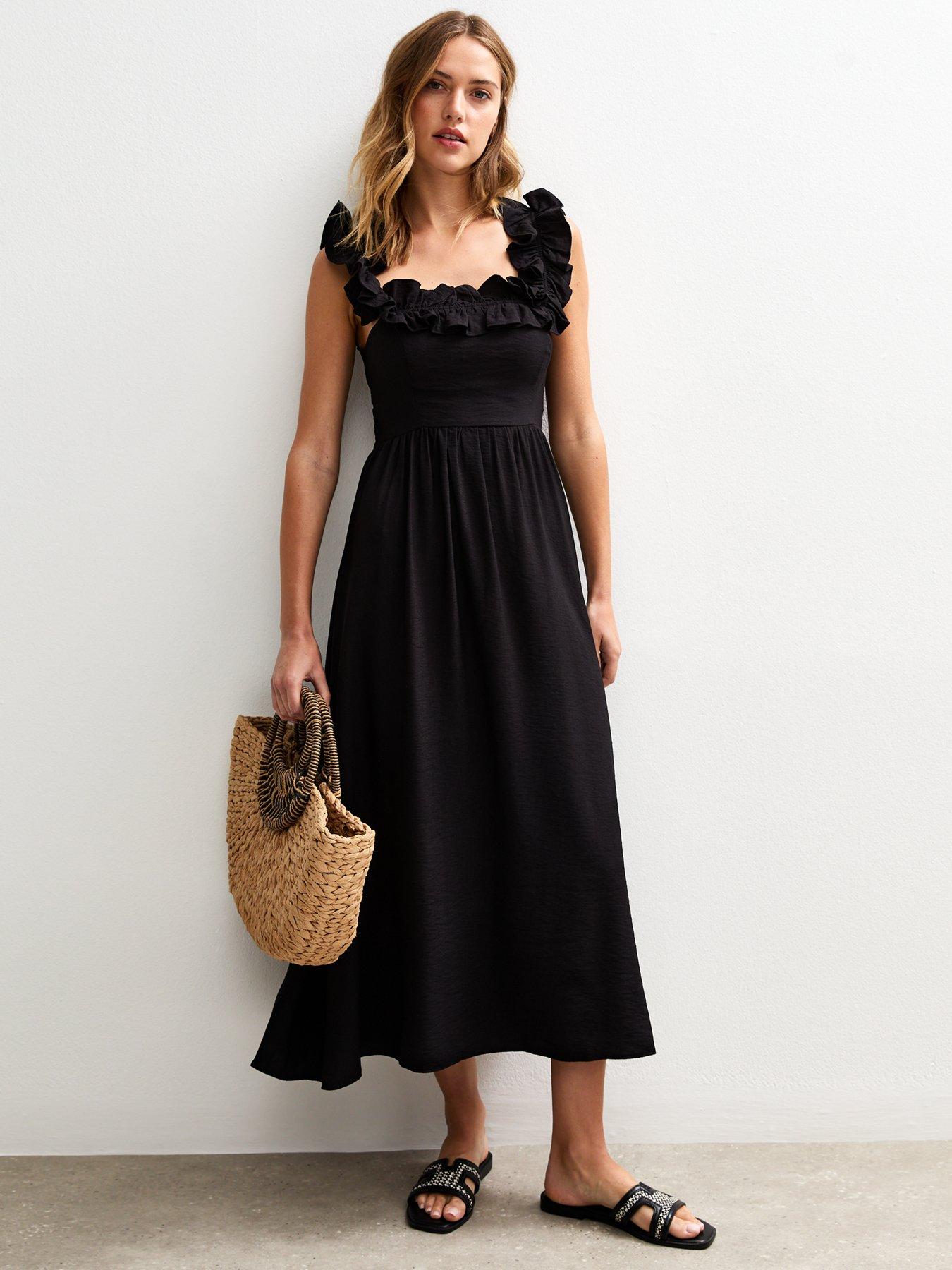 undefined Square Neck Ruffled Bow Tie Back Midi Dress - Black