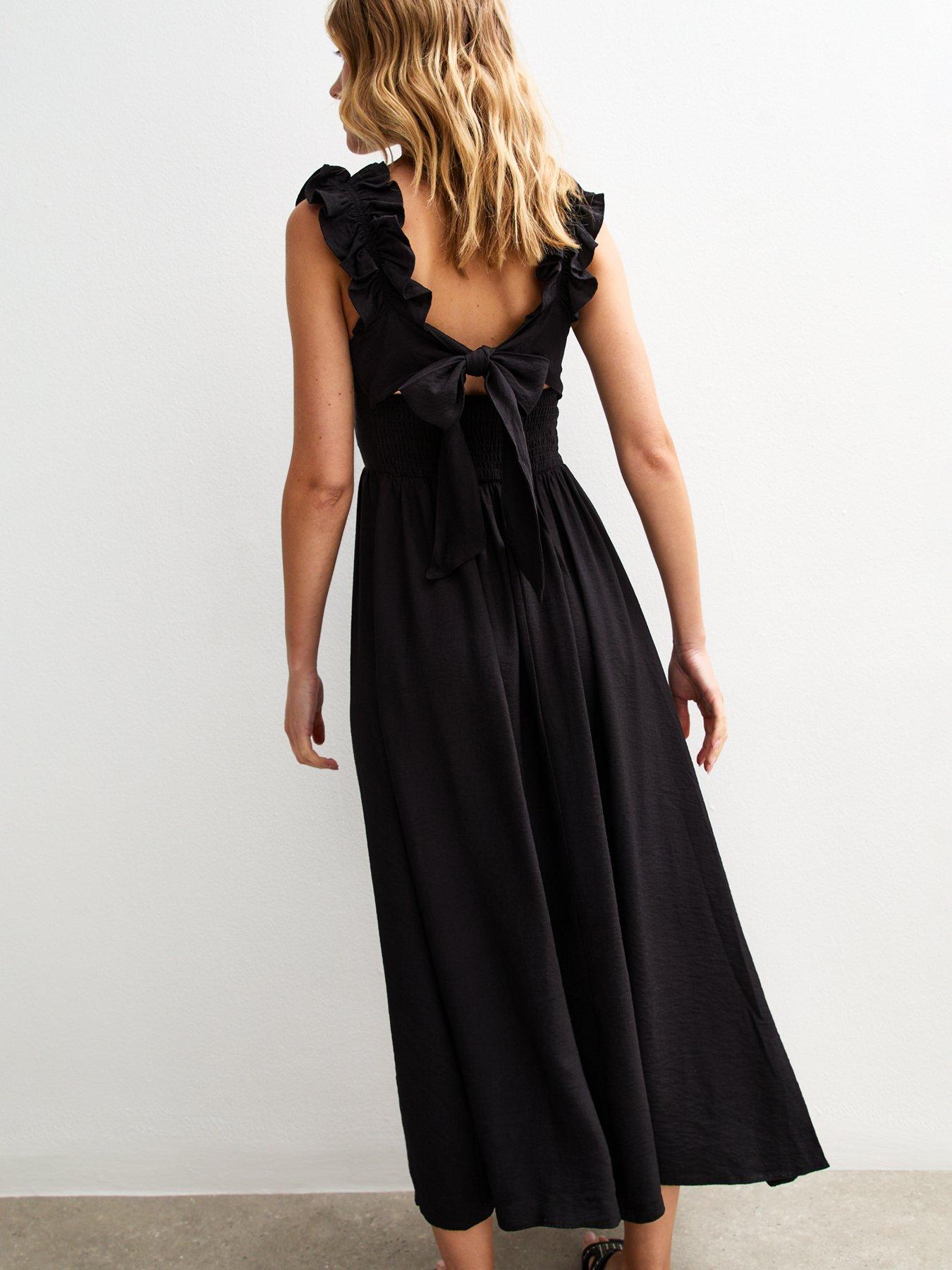 New Look Square Neck Ruffled Bow Tie Back Midi Dress - Black | Littlewoods