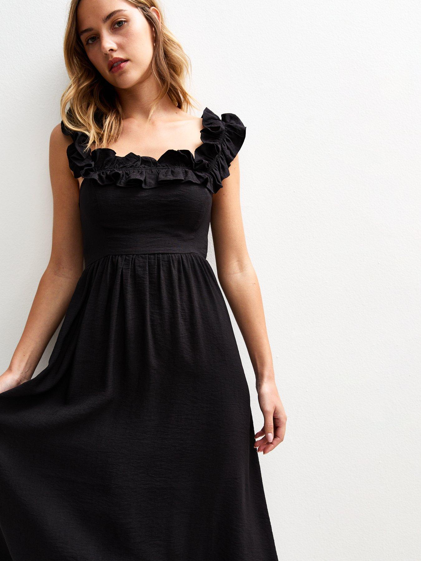 New Look Square Neck Ruffled Bow Tie Back Midi Dress - Black | Littlewoods