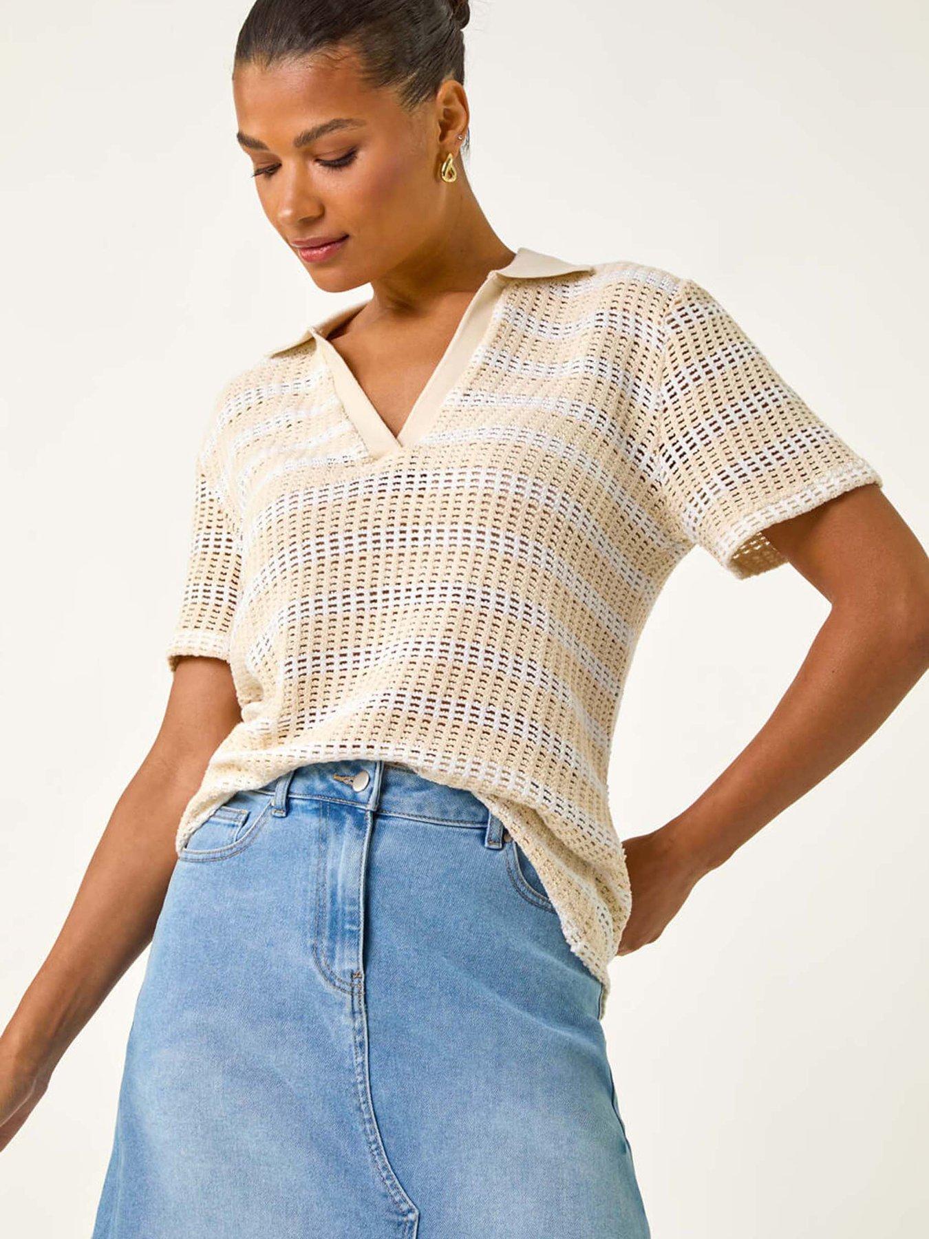undefined Stripe Crochet Collar Knit Top - Beige