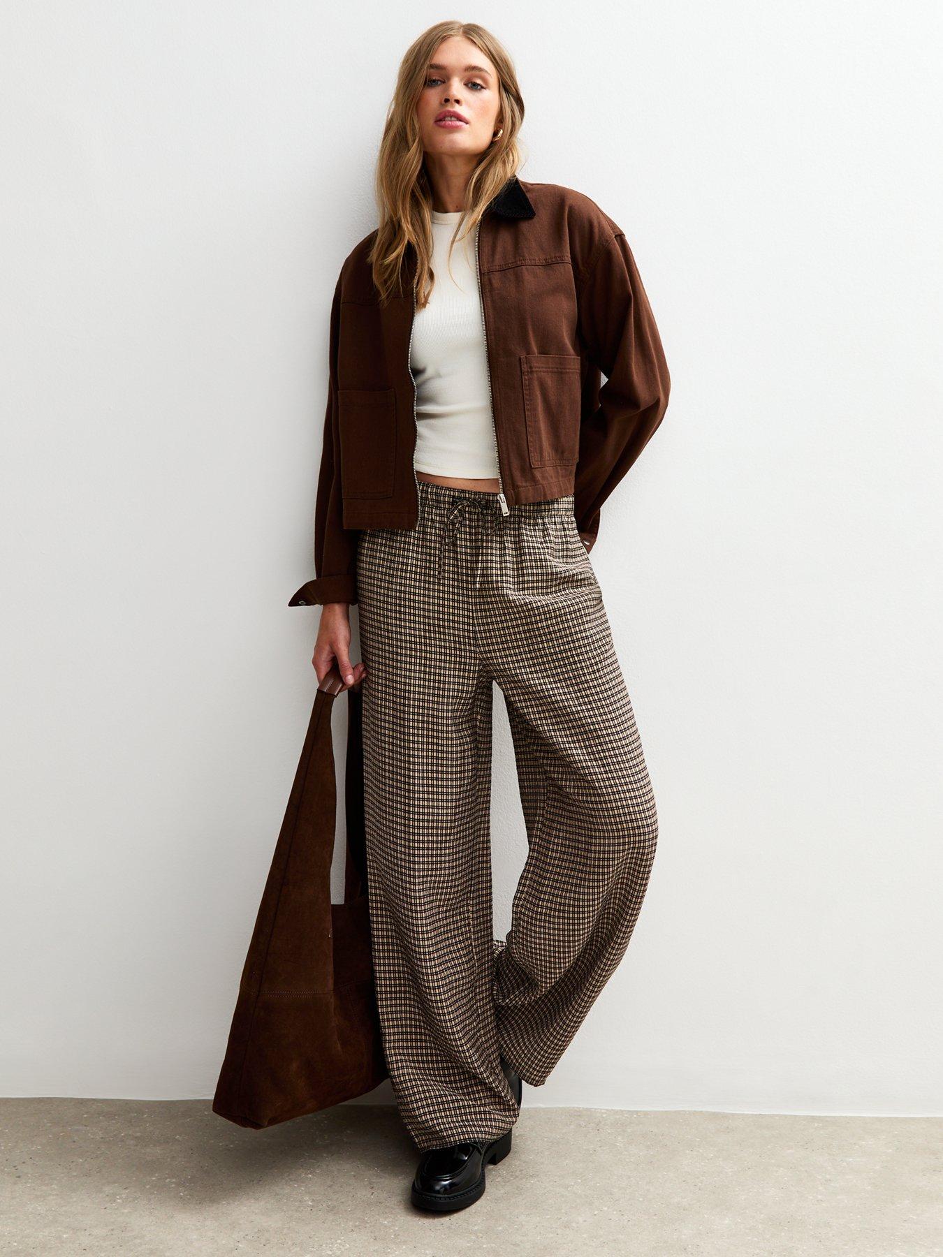 Image 1 of 5 of New Look Checked Wide Leg Trousers - Brown