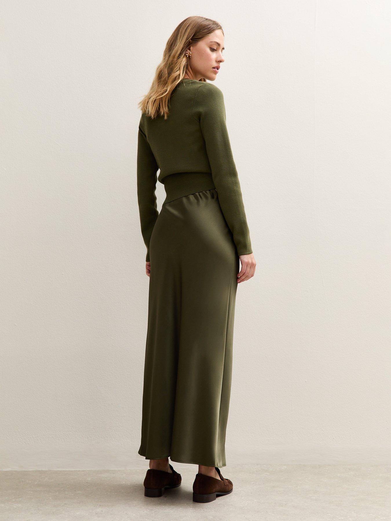 Image 2 of 5 of New Look Light Khaki Satin Bias Cut Midi Skirt - Green