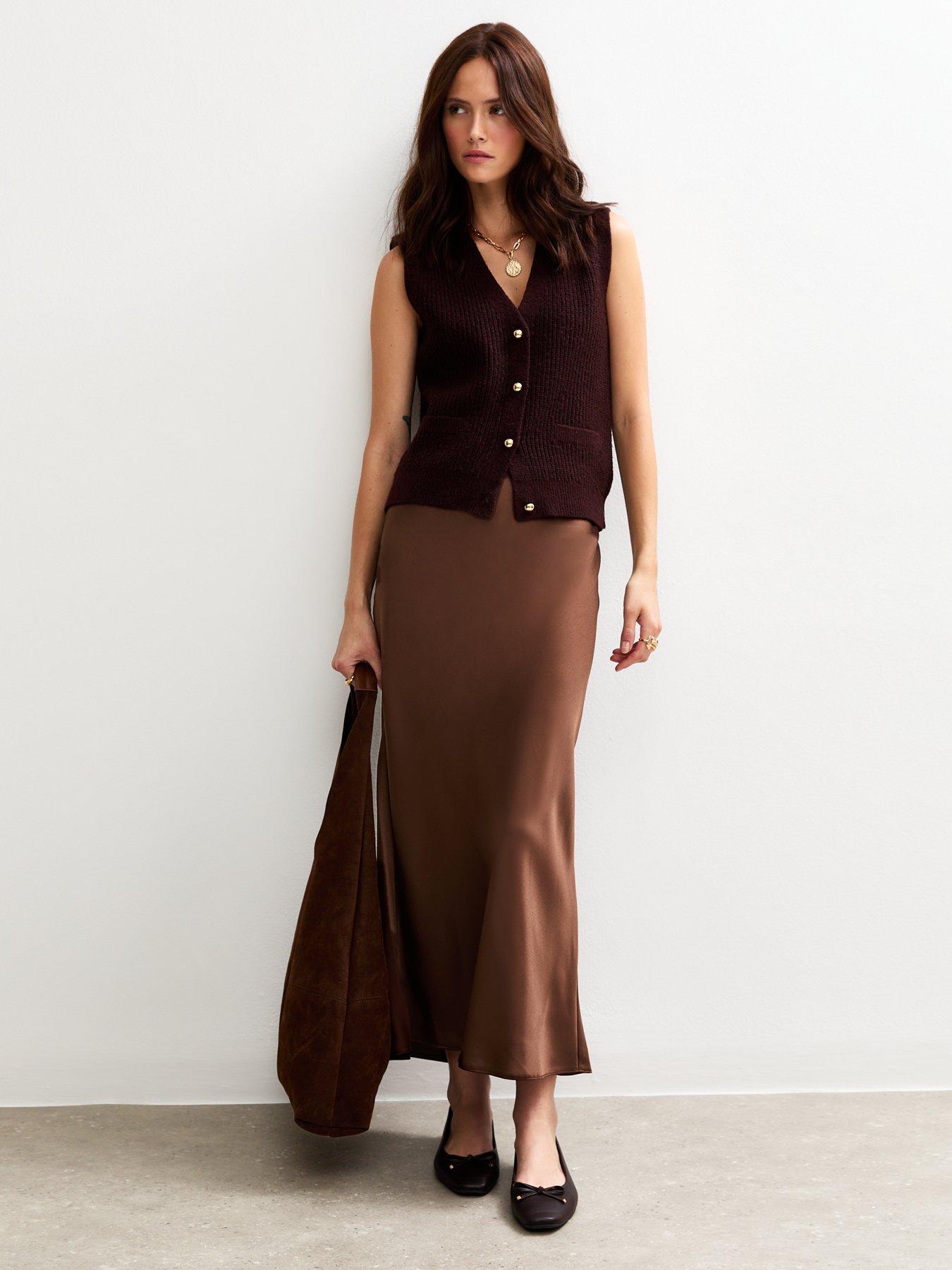 Image 1 of 6 of New Look Satin Bias Cut Midi Skirt - Dark Brown