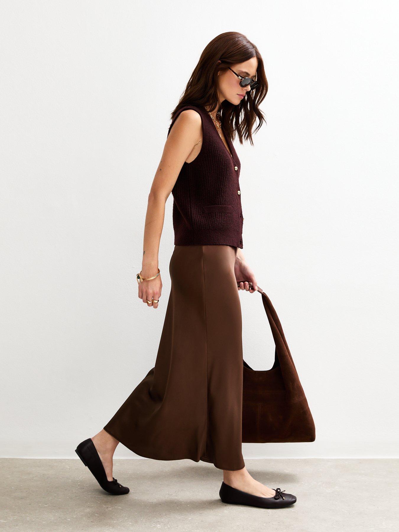 Image 4 of 6 of New Look Satin Bias Cut Midi Skirt - Dark Brown