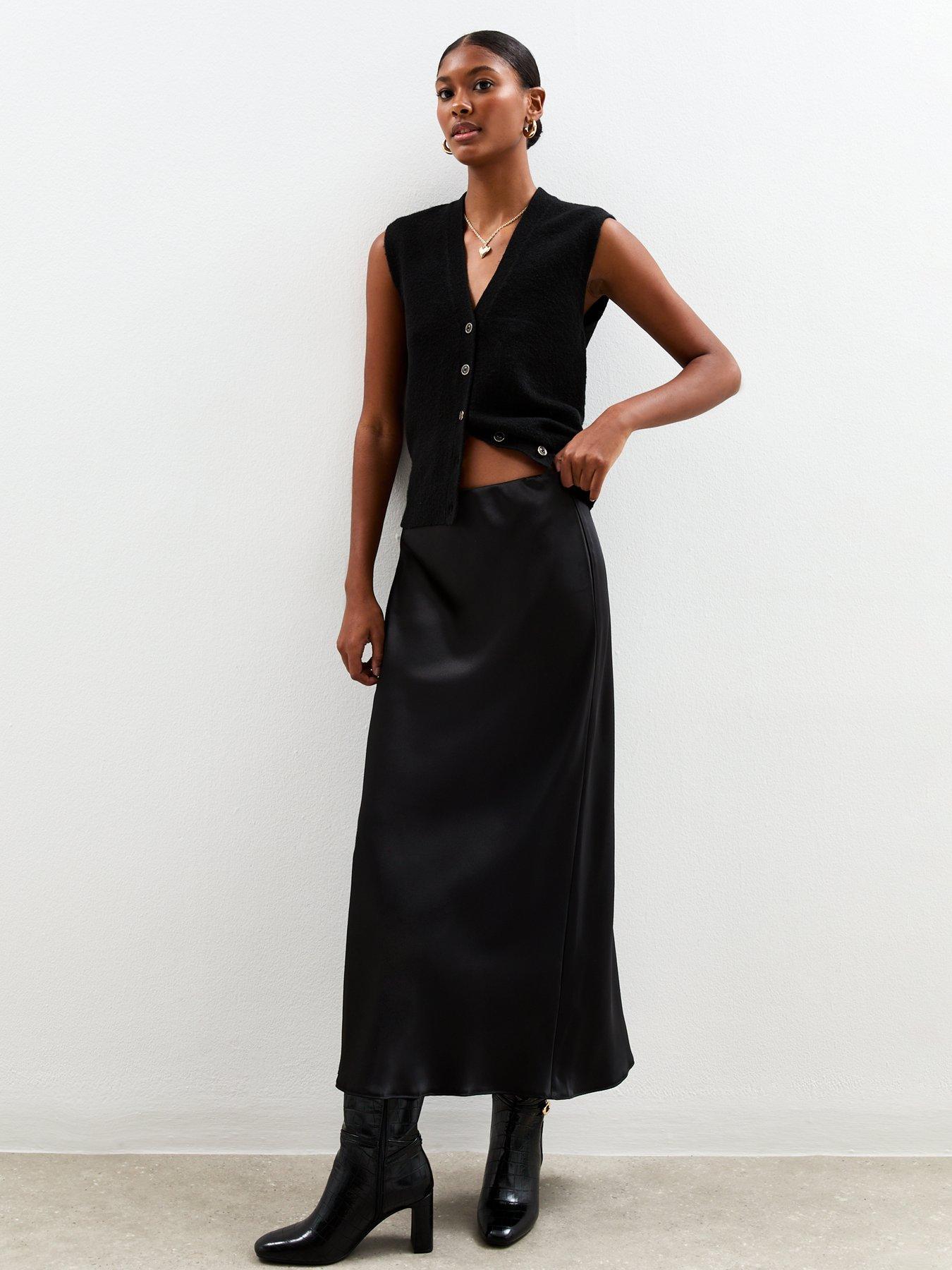 Image 1 of 4 of New Look Satin Bias Cut Midi Skirt - Black