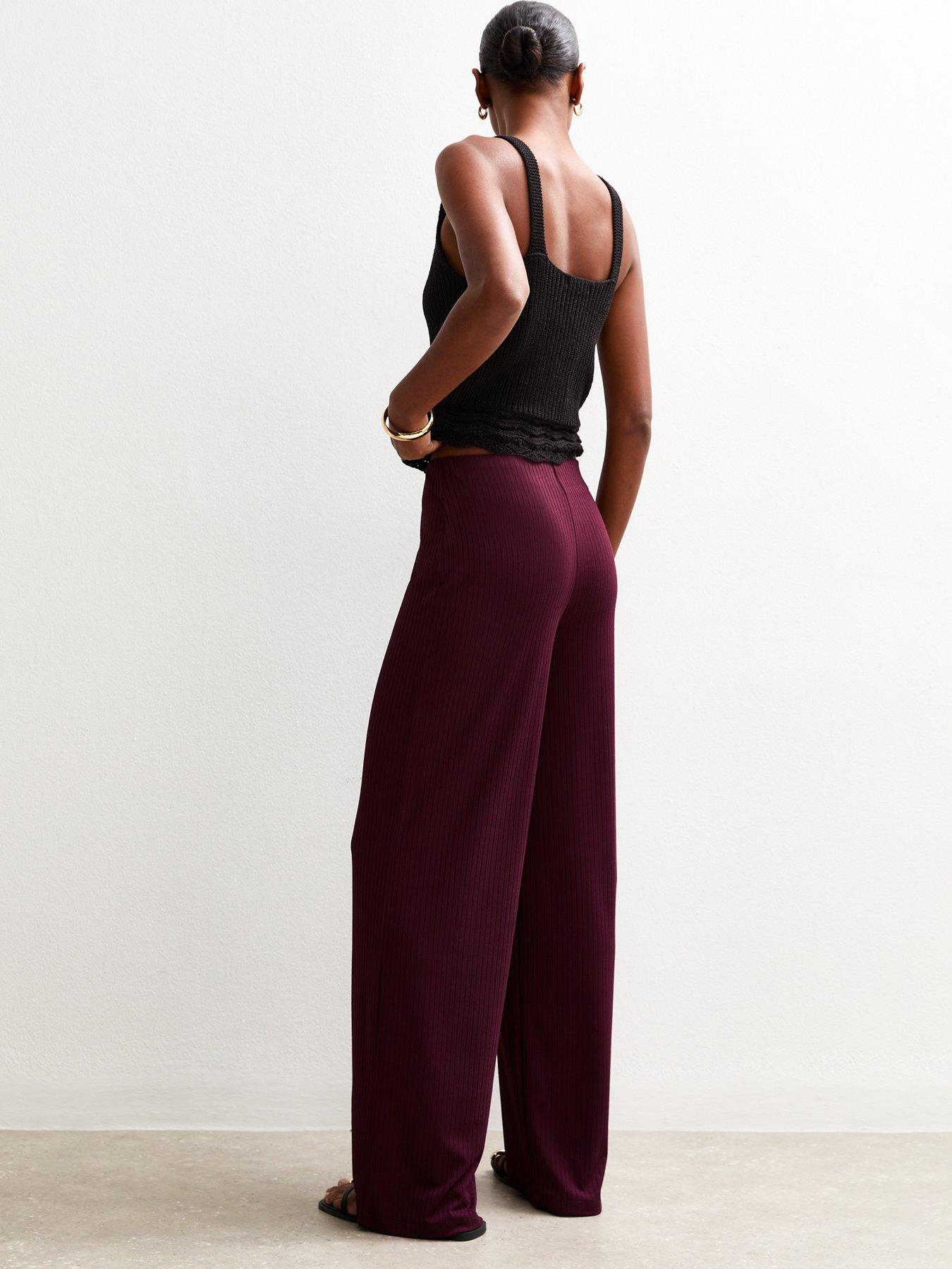  image of new-look-dark-burgundy-ribbed-wide-leg-trousers-red
