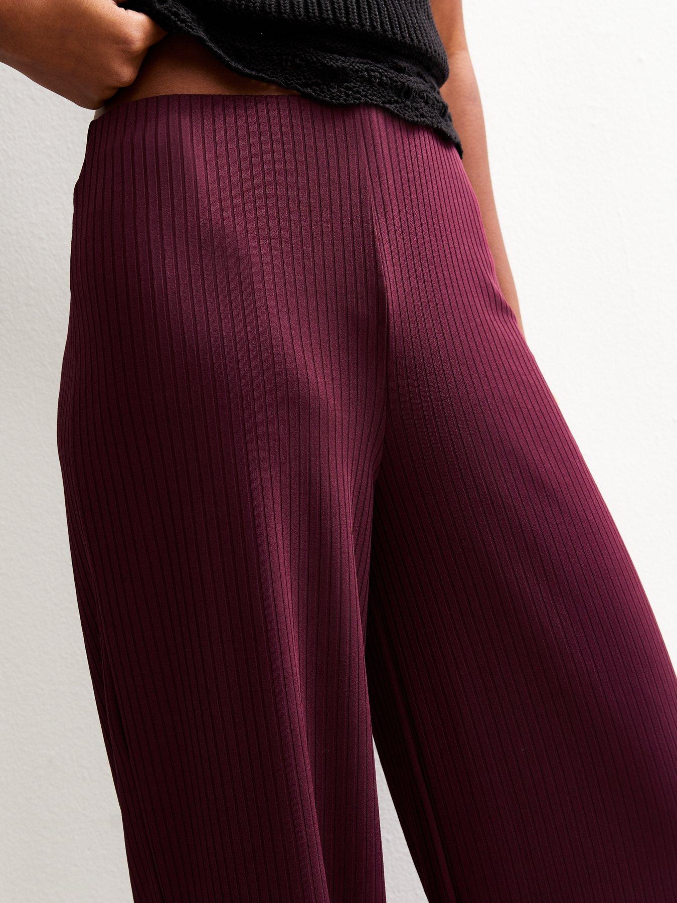  image of new-look-dark-burgundy-ribbed-wide-leg-trousers-red