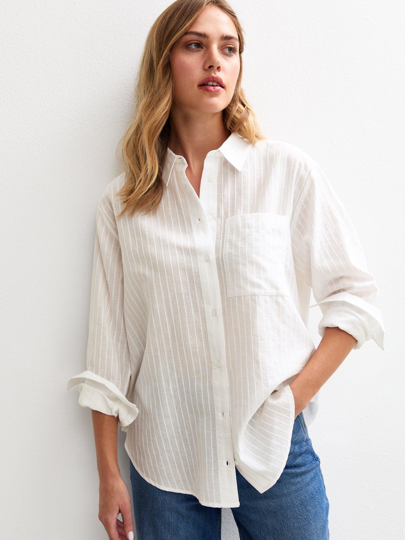 undefined Cotton Stripe Print Long Sleeve Shirt - White