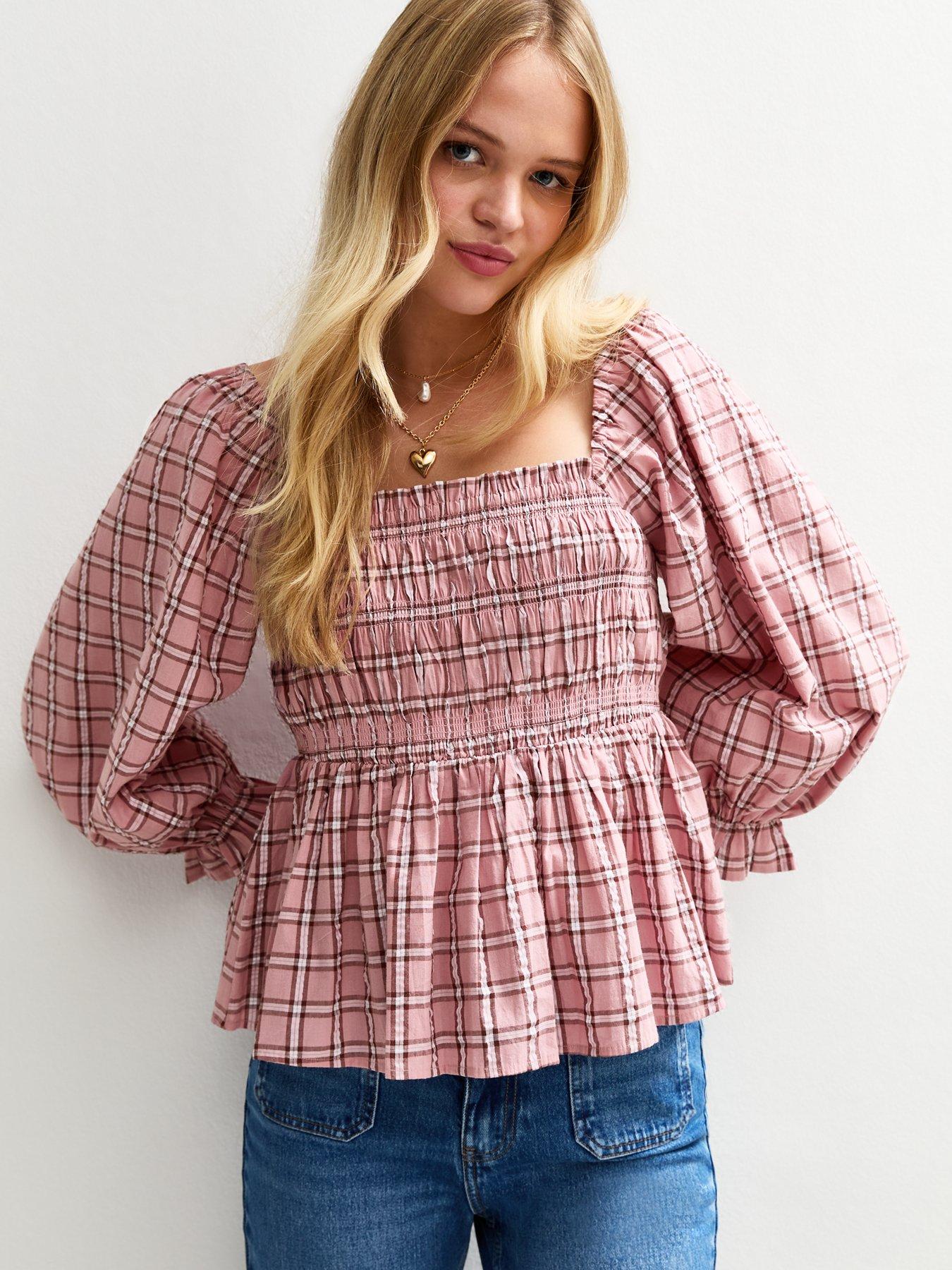 New Look Shirred Checked Frilly Trim Top - Pink