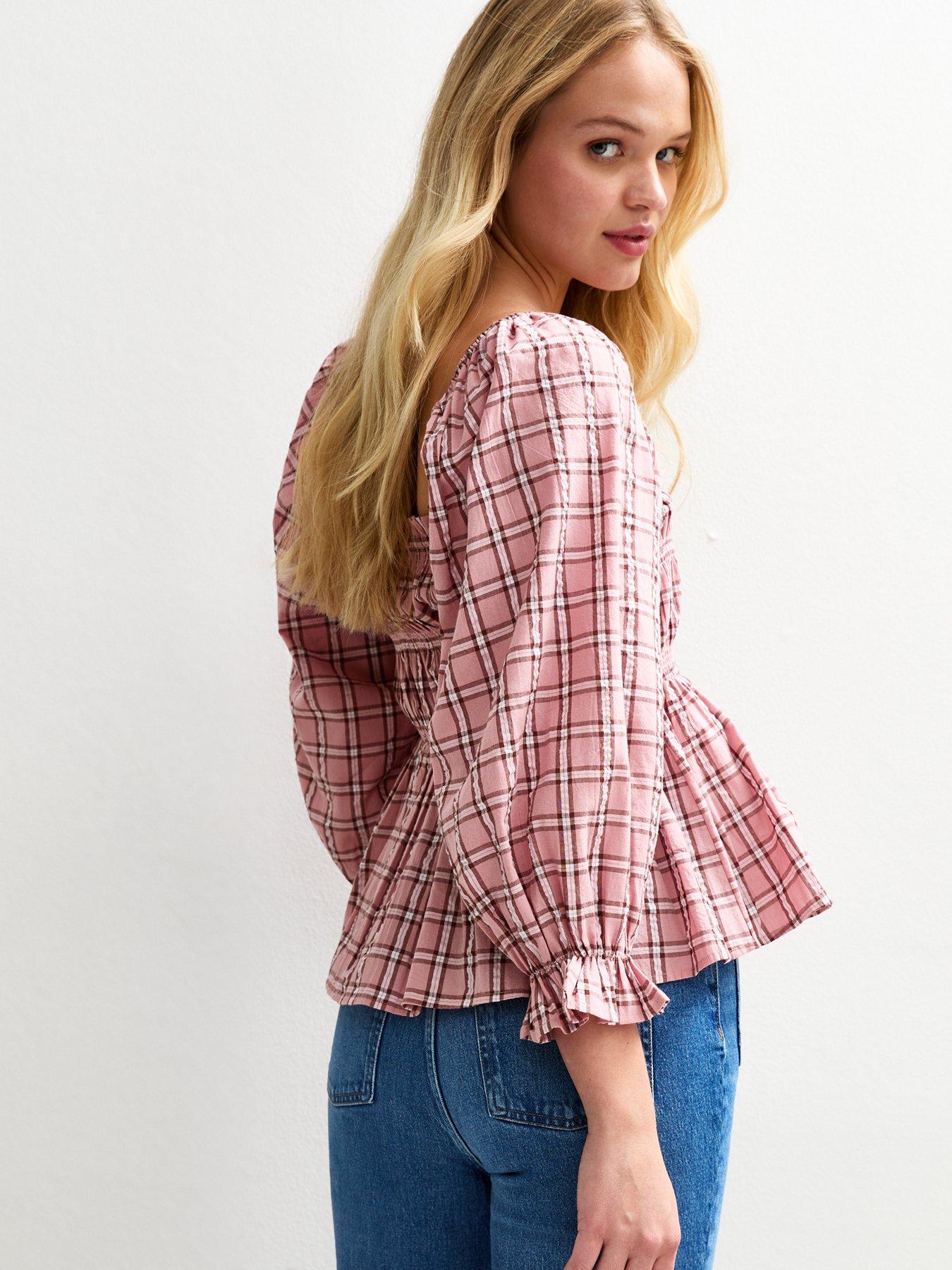 Image 2 of 4 of New Look Shirred Checked Frilly Trim Top - Pink