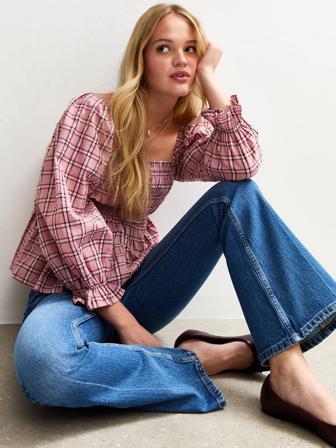 Image 3 of 4 of New Look Shirred Checked Frilly Trim Top - Pink