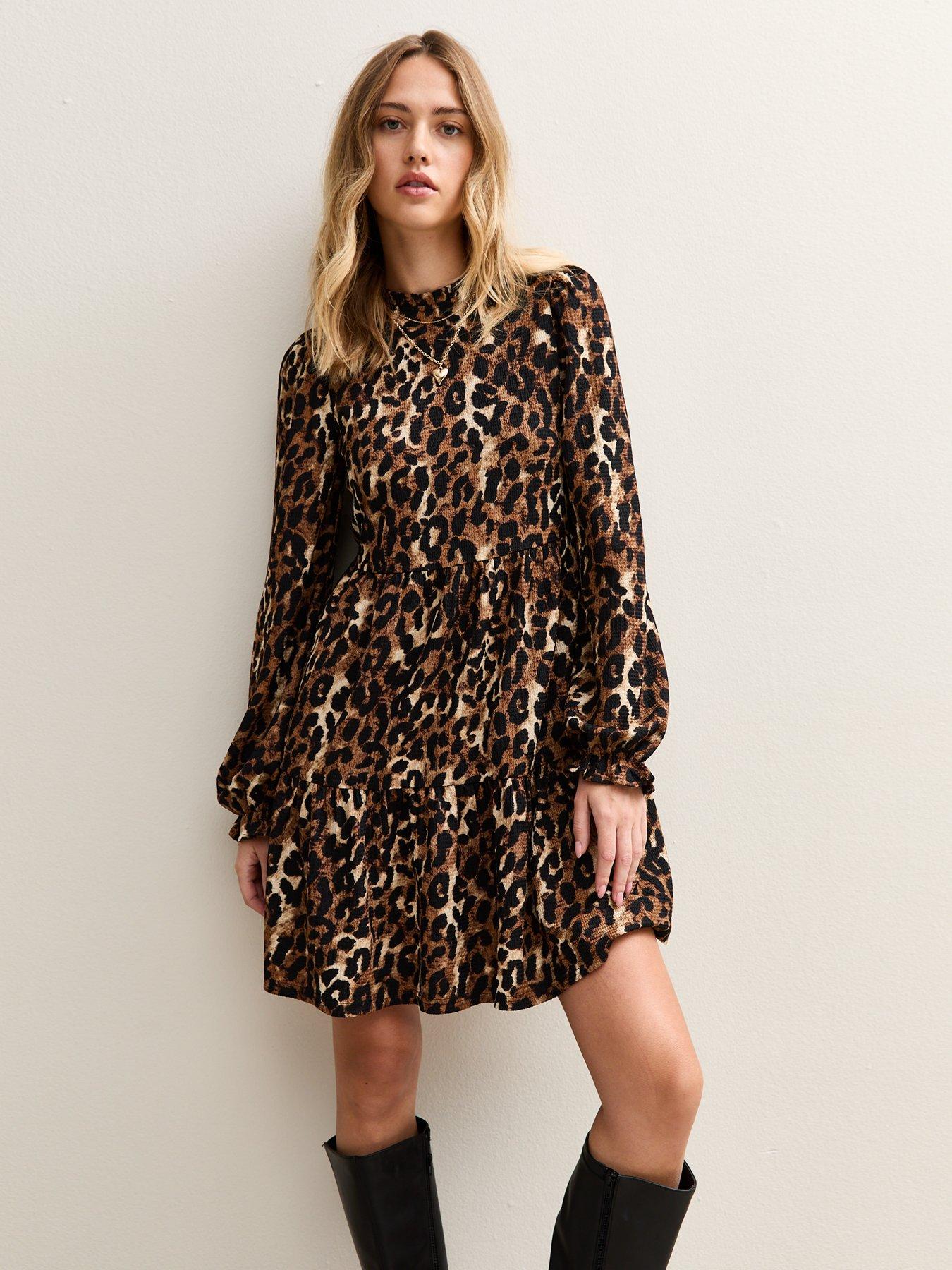 Image 1 of 6 of New Look Crinkled Leopard Print Smock Mini Dress - Black