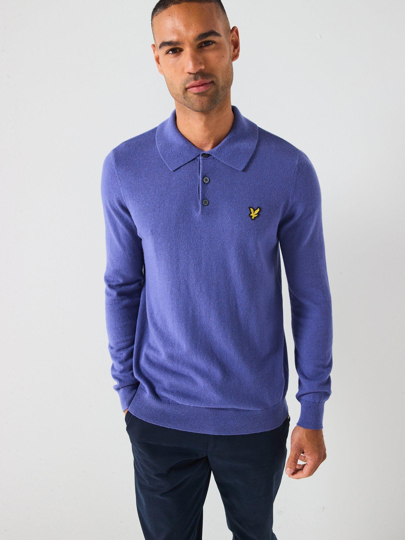 Image 1 of 6 of Lyle & Scott Cotton Merino Long Sleeve Knitted Polo - Dark Blue