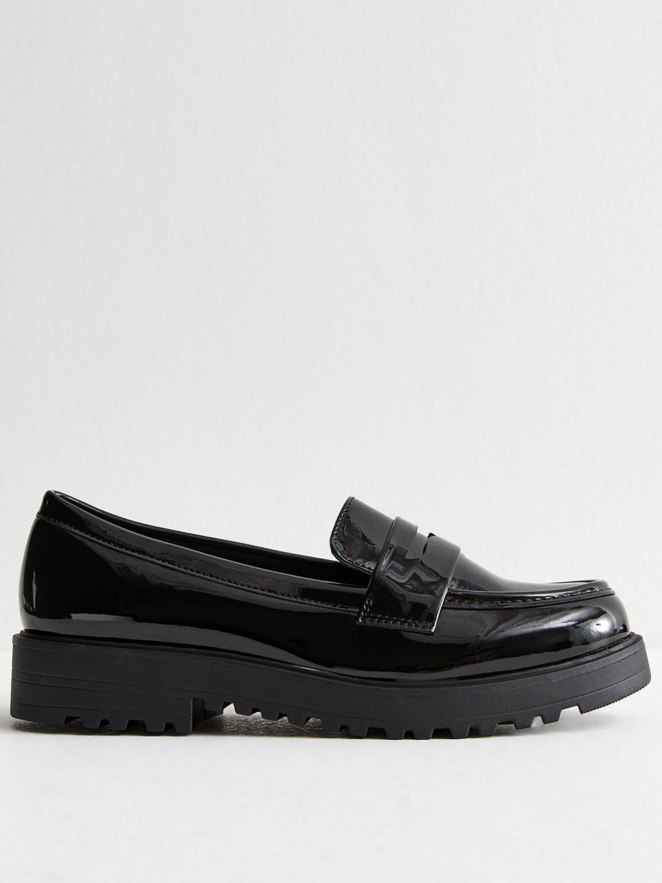 Image 1 of 6 of New Look Wide Fit Patent Faux Leather Chunky Penny Loafers - Black