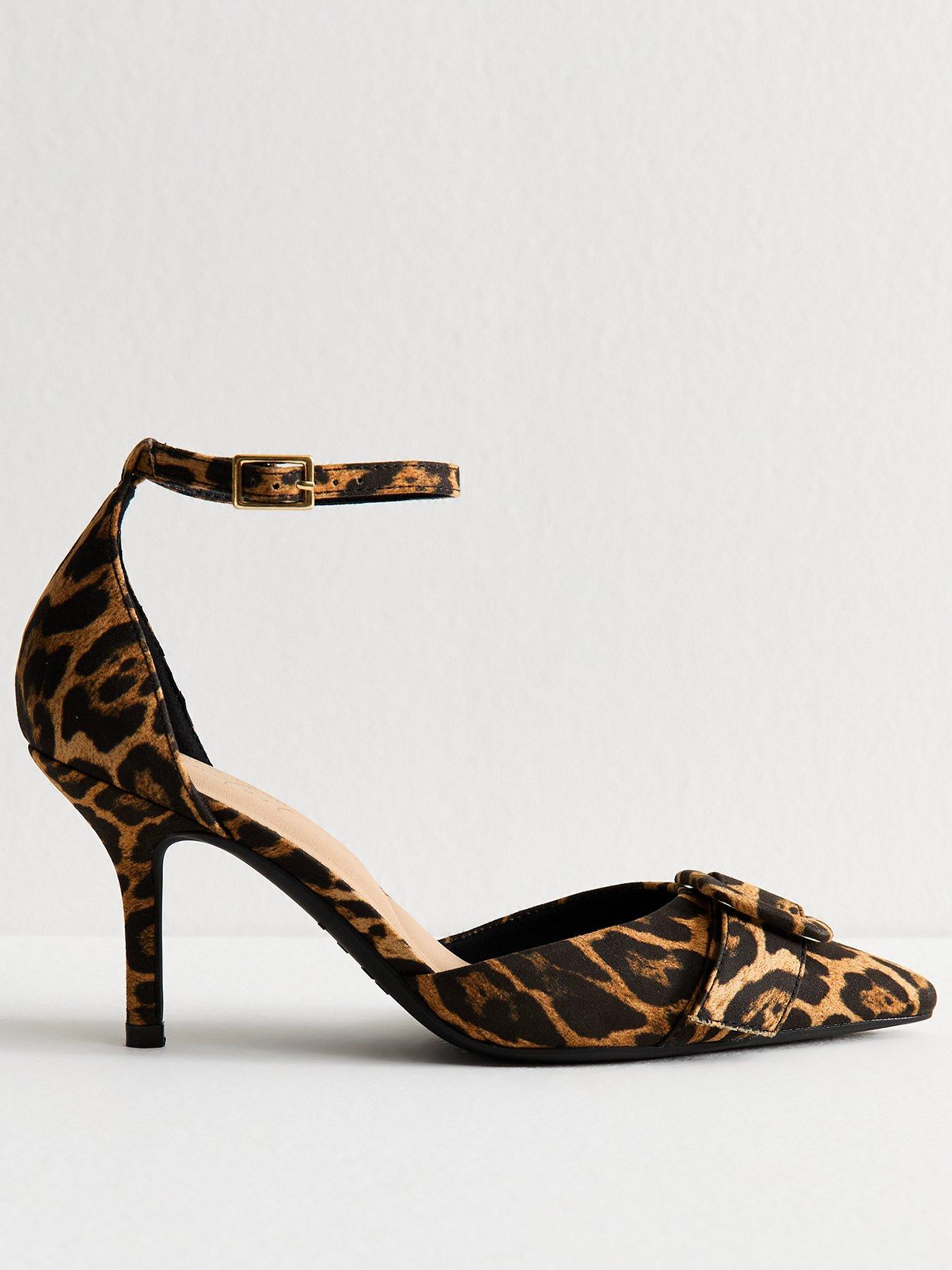 undefined Stone Leopard Print Buckle Front Stiletto Open Court Shoes - Beige