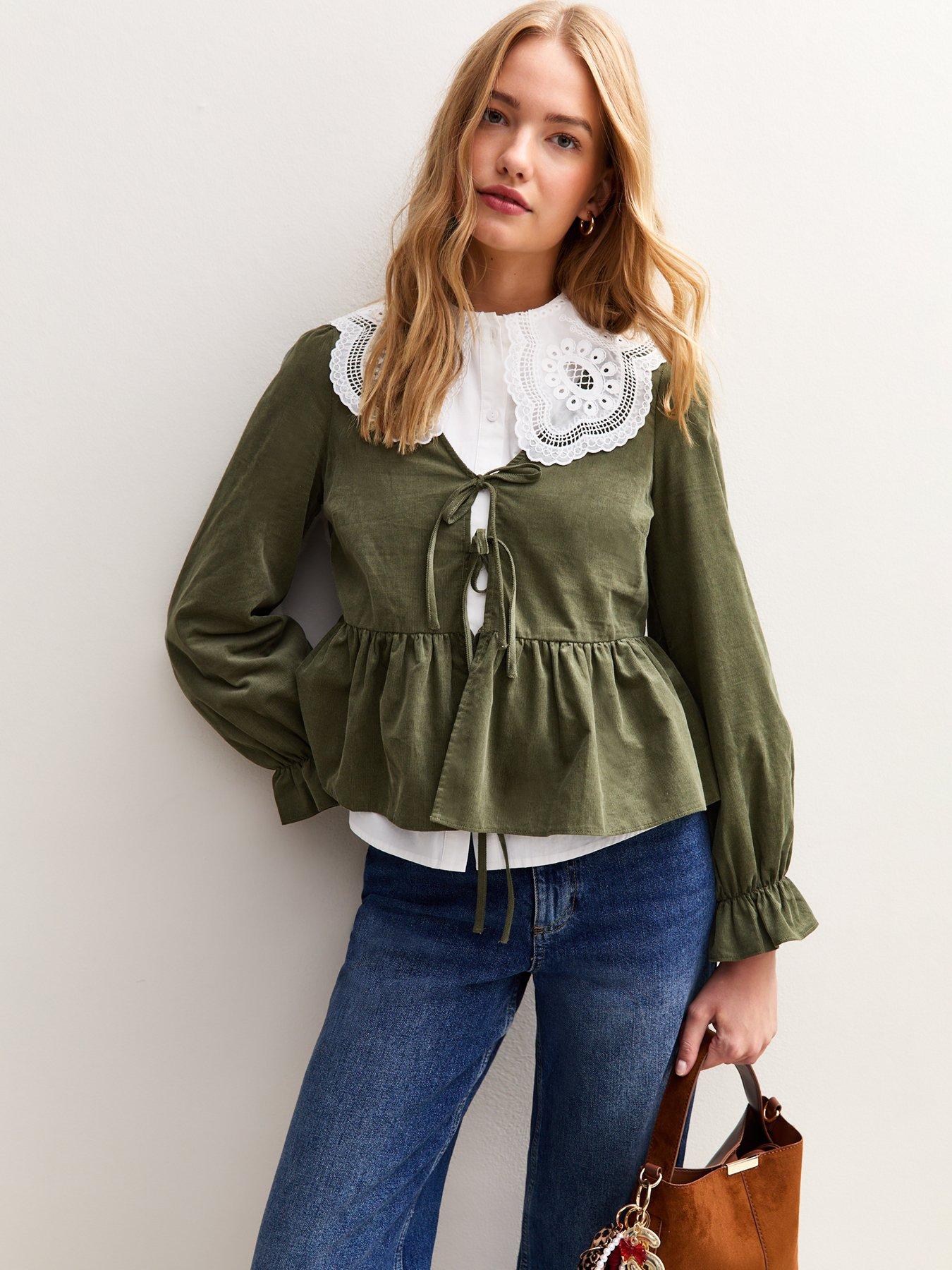 undefined Khaki Corduroy Tie Front Peplum Shirt - Green
