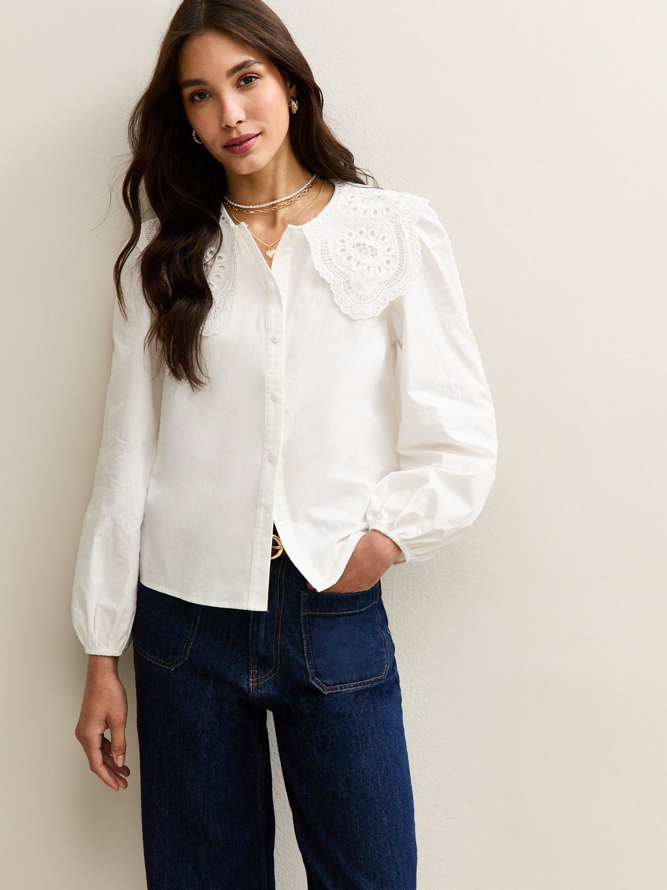 Image 1 of 4 of New Look Embroidered Scallop Collar Long Sleeve Shirt - White