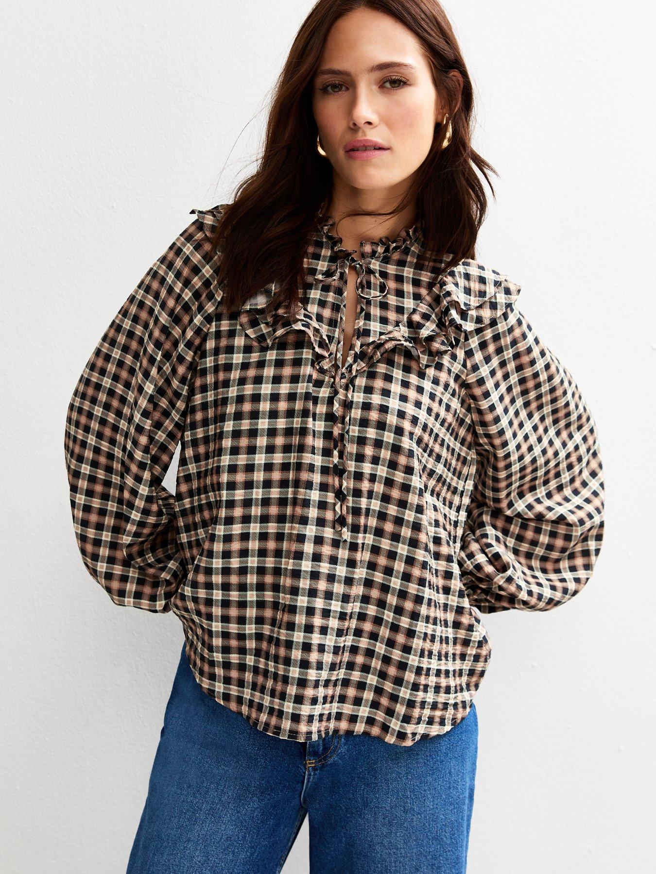 New Look Checked Frill Collar Balloon Sleeve Blouse - Brown