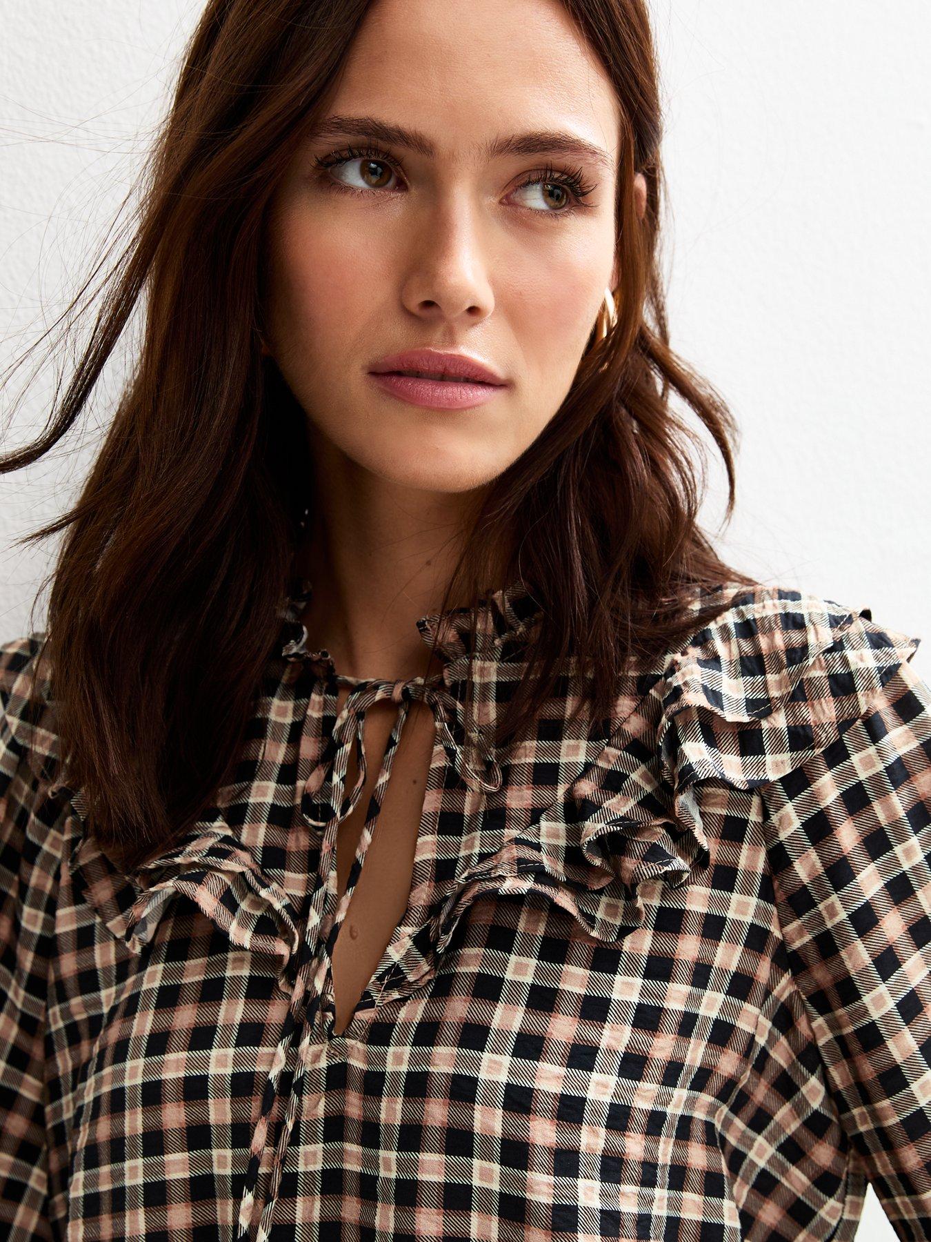 Image 4 of 4 of New Look Checked Frill Collar Balloon Sleeve Blouse - Brown