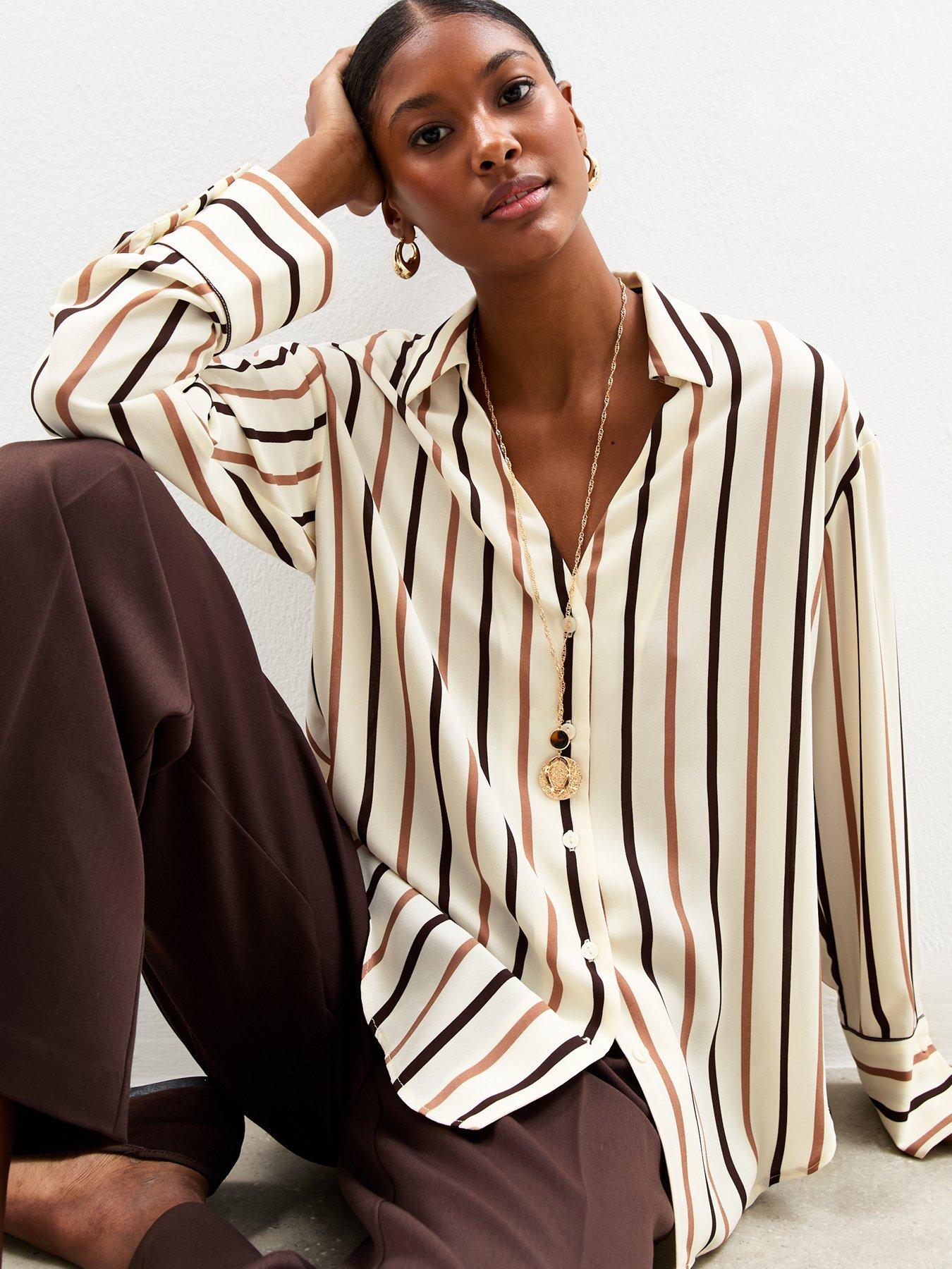  image of new-look-striped-curved-hem-shirt-brown