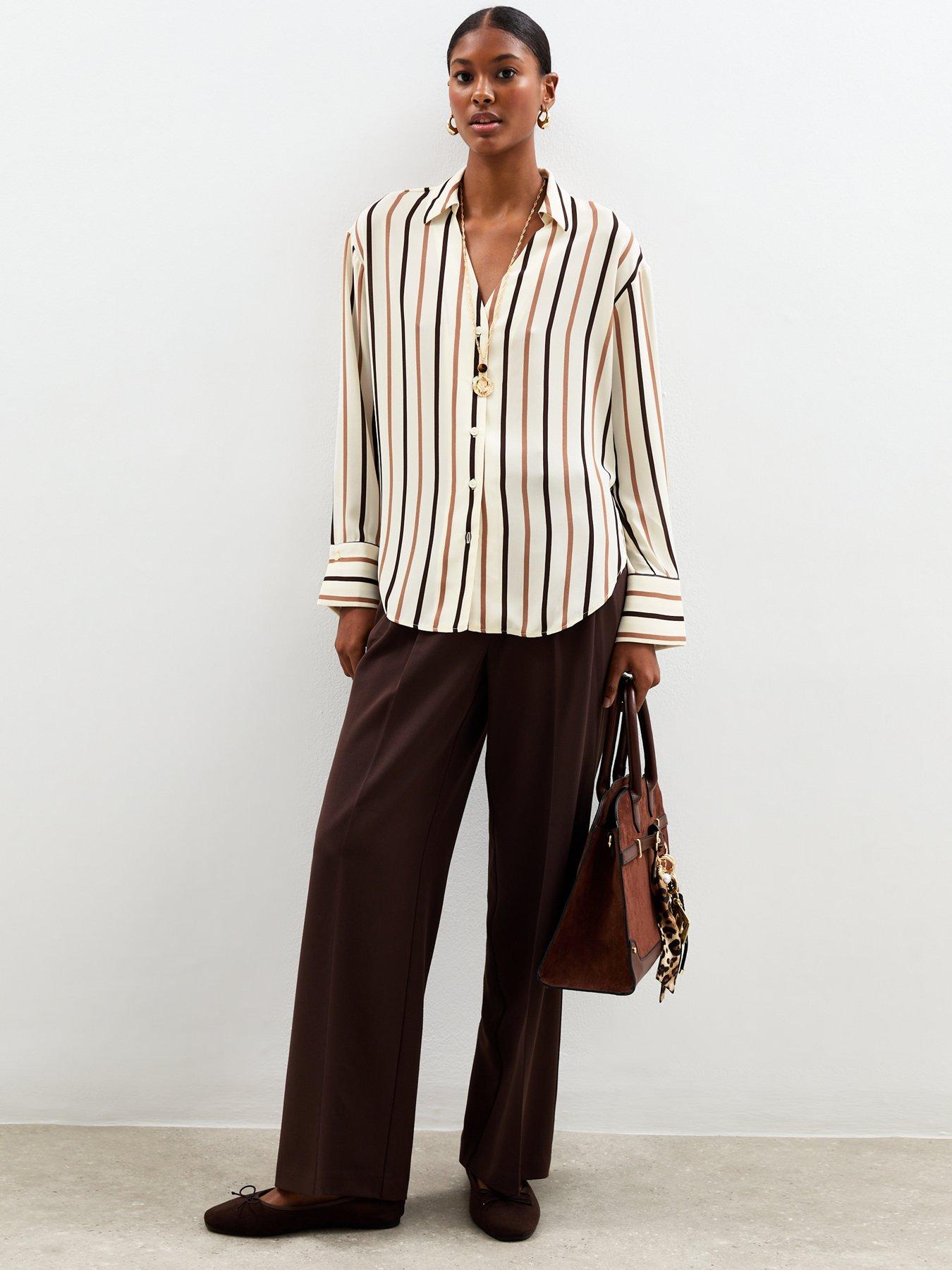  image of new-look-striped-curved-hem-shirt-brown