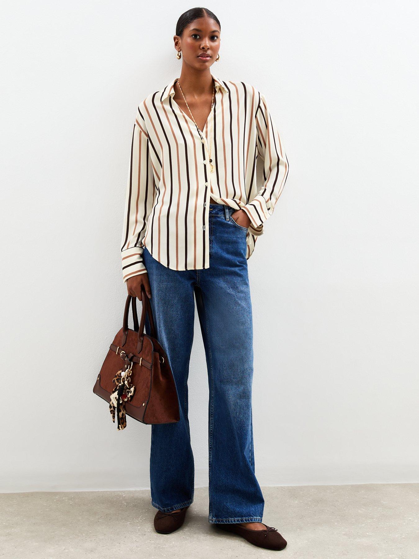  image of new-look-striped-curved-hem-shirt-brown