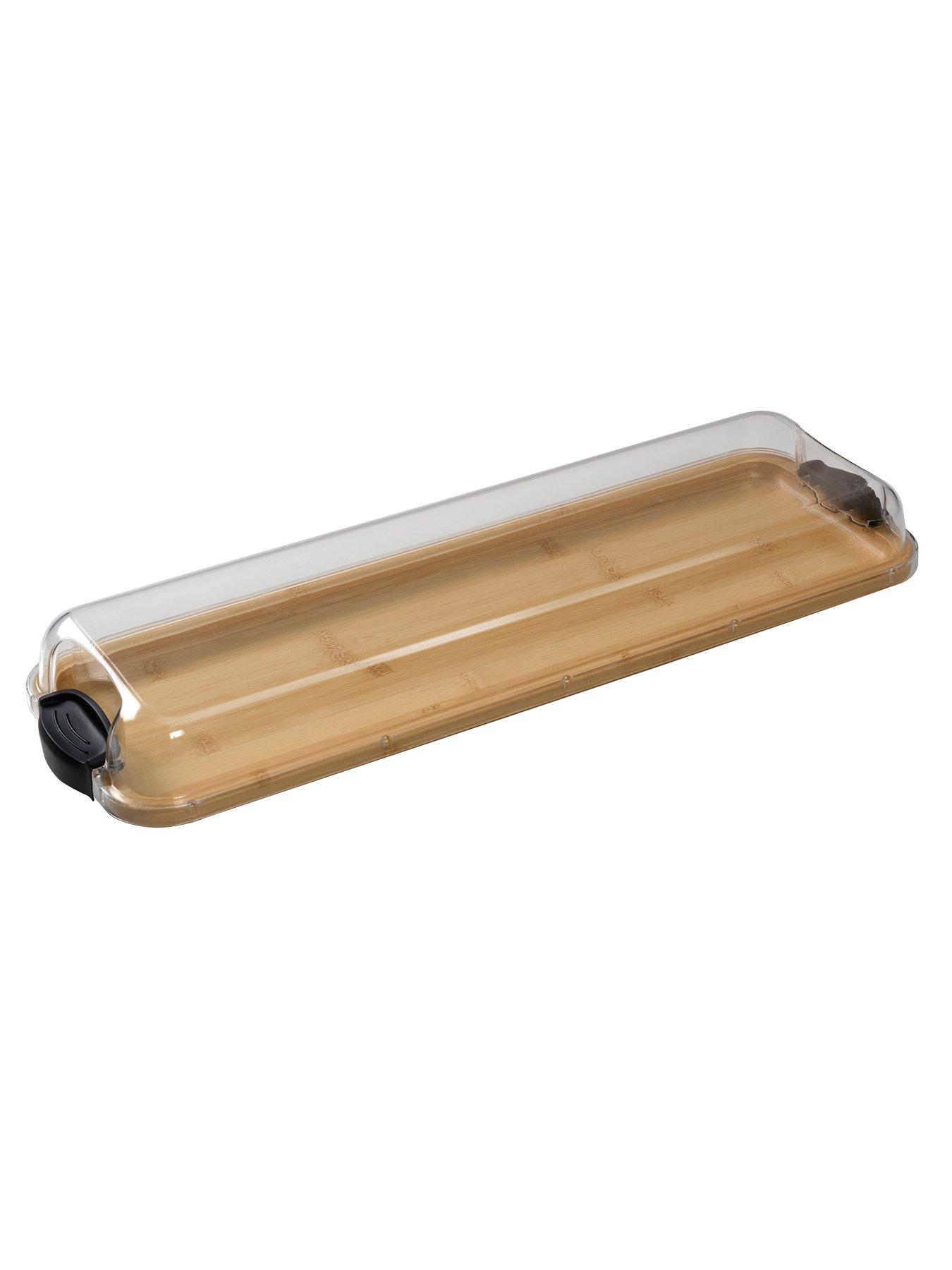 undefined Large Build-a-board Bamboo Serving Platter, Long Rectangle Portable Snack Box With Clear Bpa-free Lid And Black Locking Handles, 17.5 X 56cm