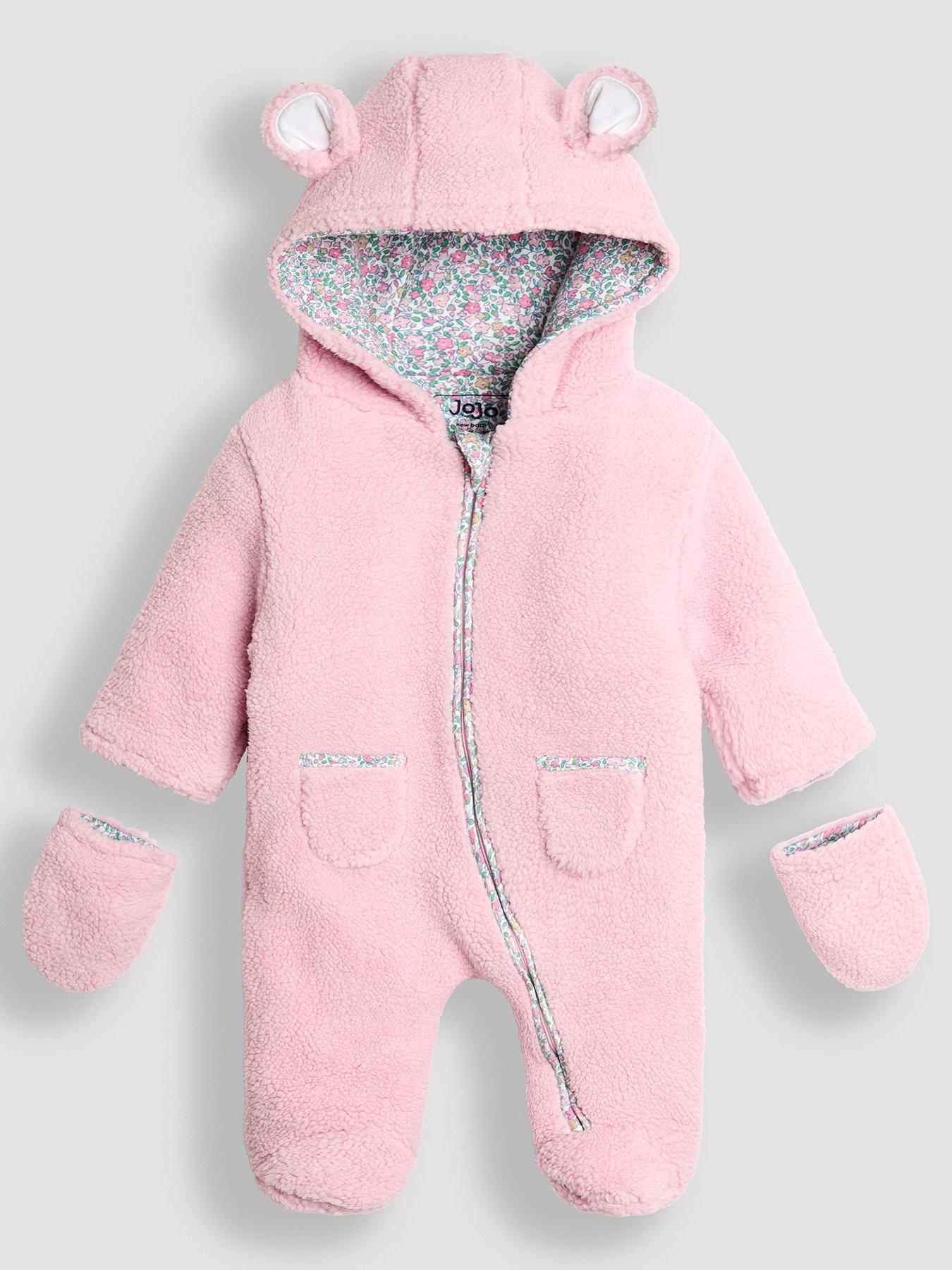 JoJo Maman Bebe Baby Girls Cosy Borg Mouse Pramsuit - Pink