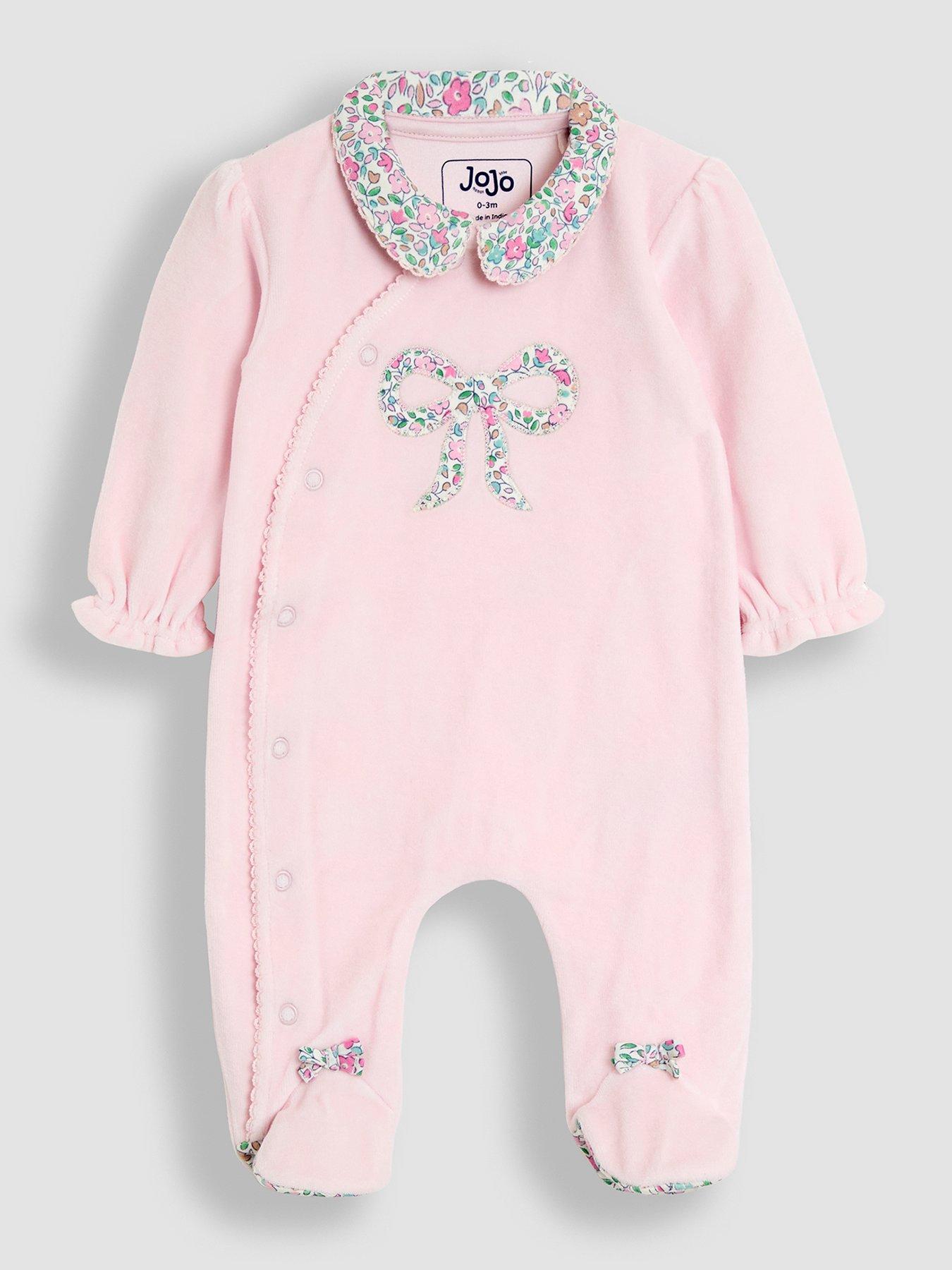 JoJo Maman Bebe Baby Girls Ditsy Floral Velour Bow All-In-One - Pink