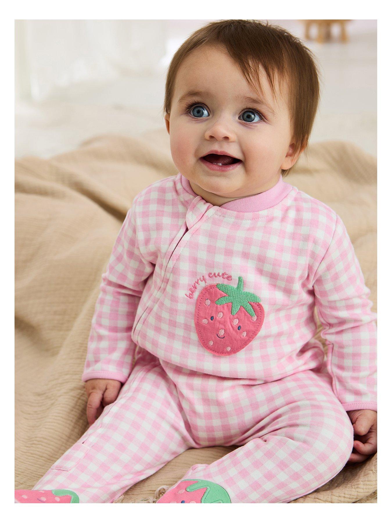 undefined Baby Girls Strawberry Gingham Applique Zip Sleepsuit - Pink