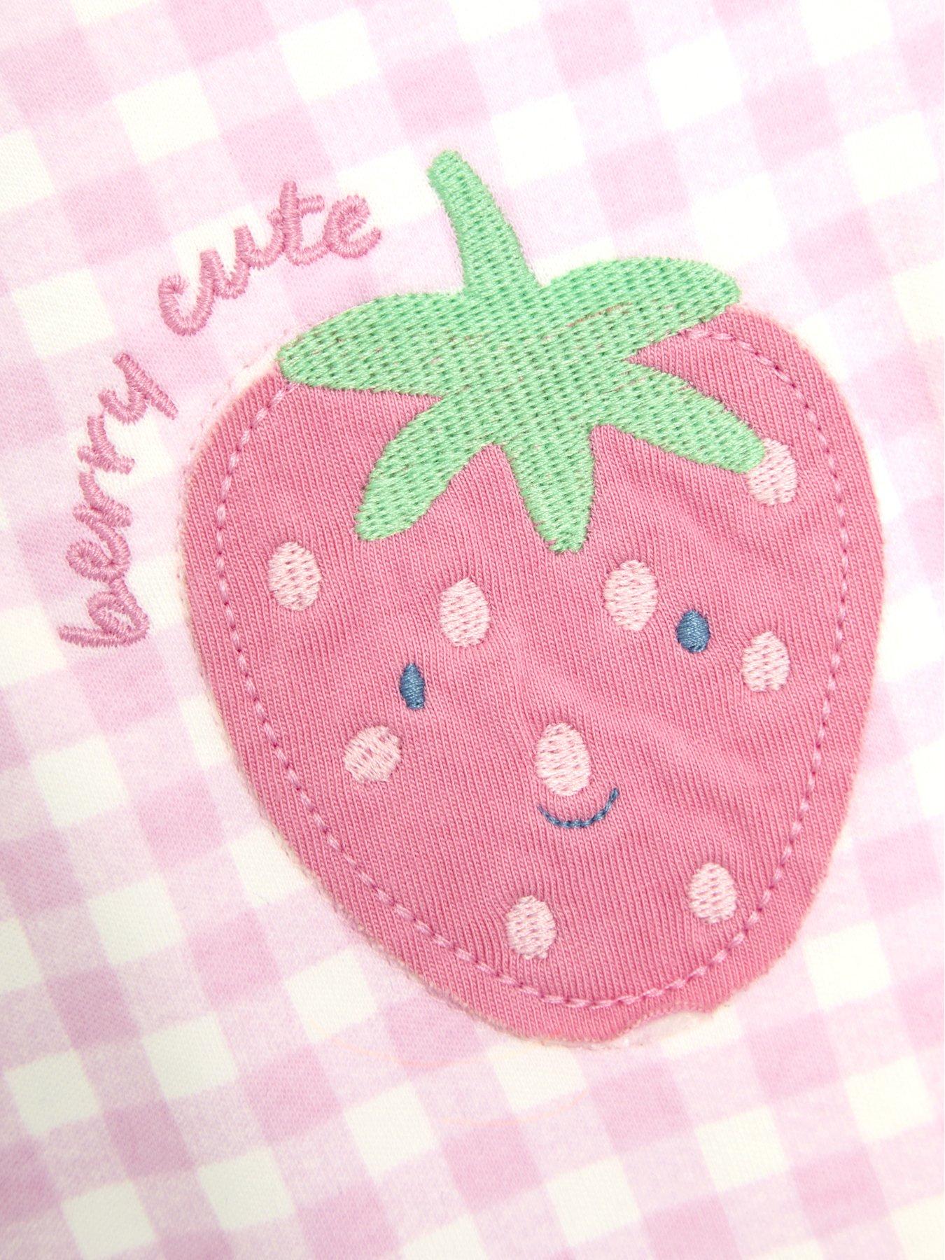 Image 4 of 4 of JoJo Maman Bebe Baby Girls Strawberry Gingham Applique Zip Sleepsuit - Pink