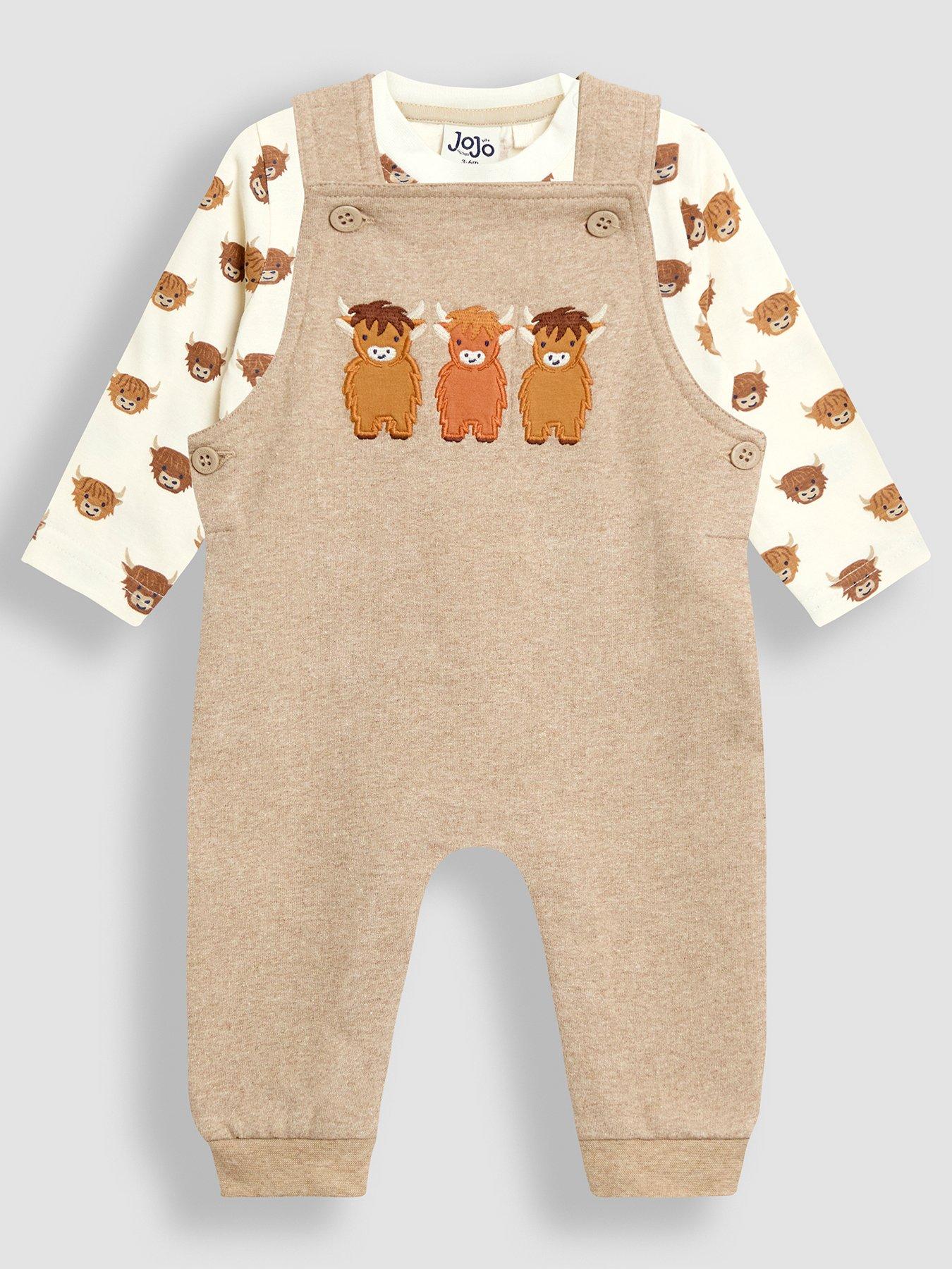 Image 1 of 6 of JoJo Maman Bebe Baby Boys 2-Piece Highland Cow Dungarees and Top Set - Beige